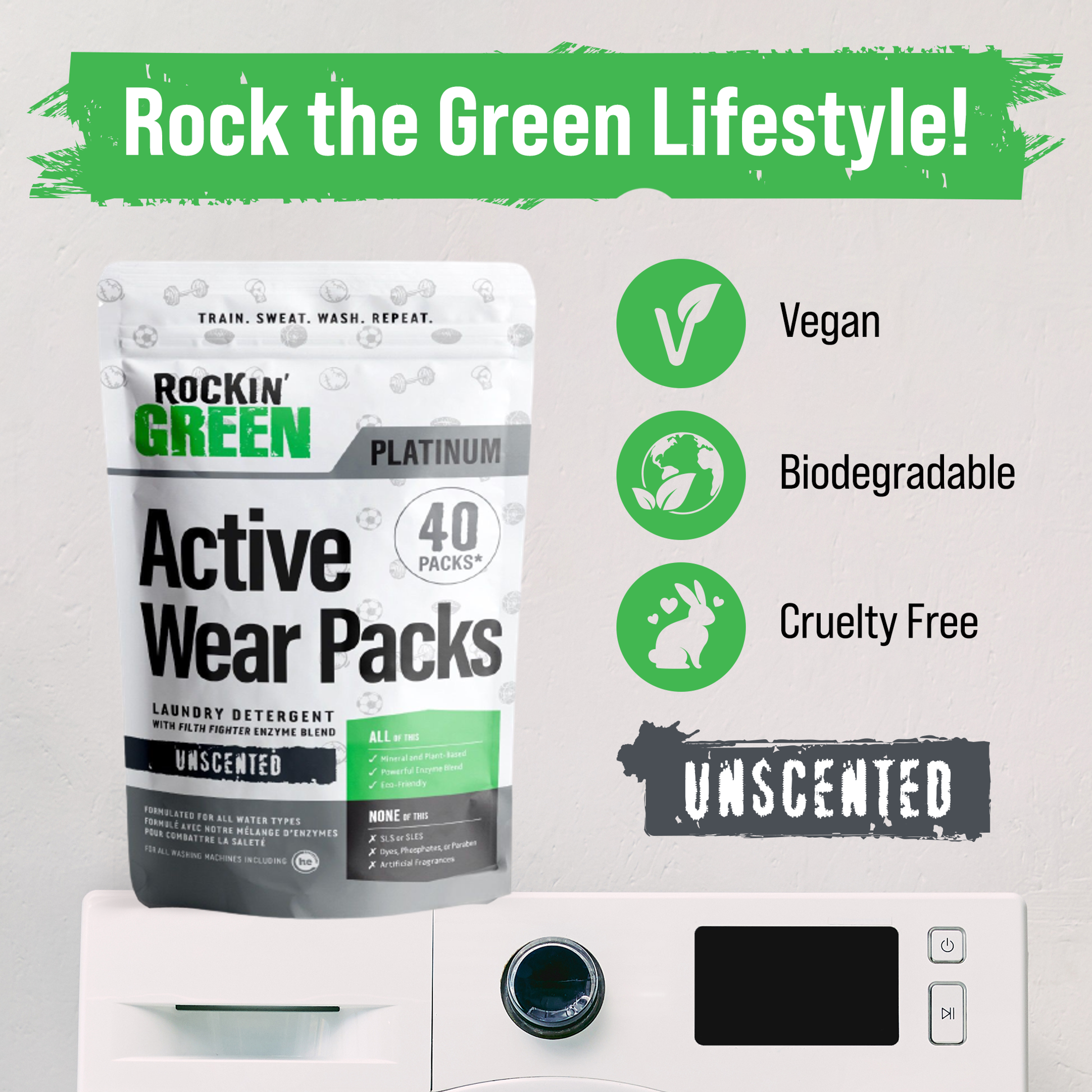 Rockin Green Active Wear Detergent PODs (40) are vegan, biodegradable, cruelty-free, and gentle on sensitive skin.