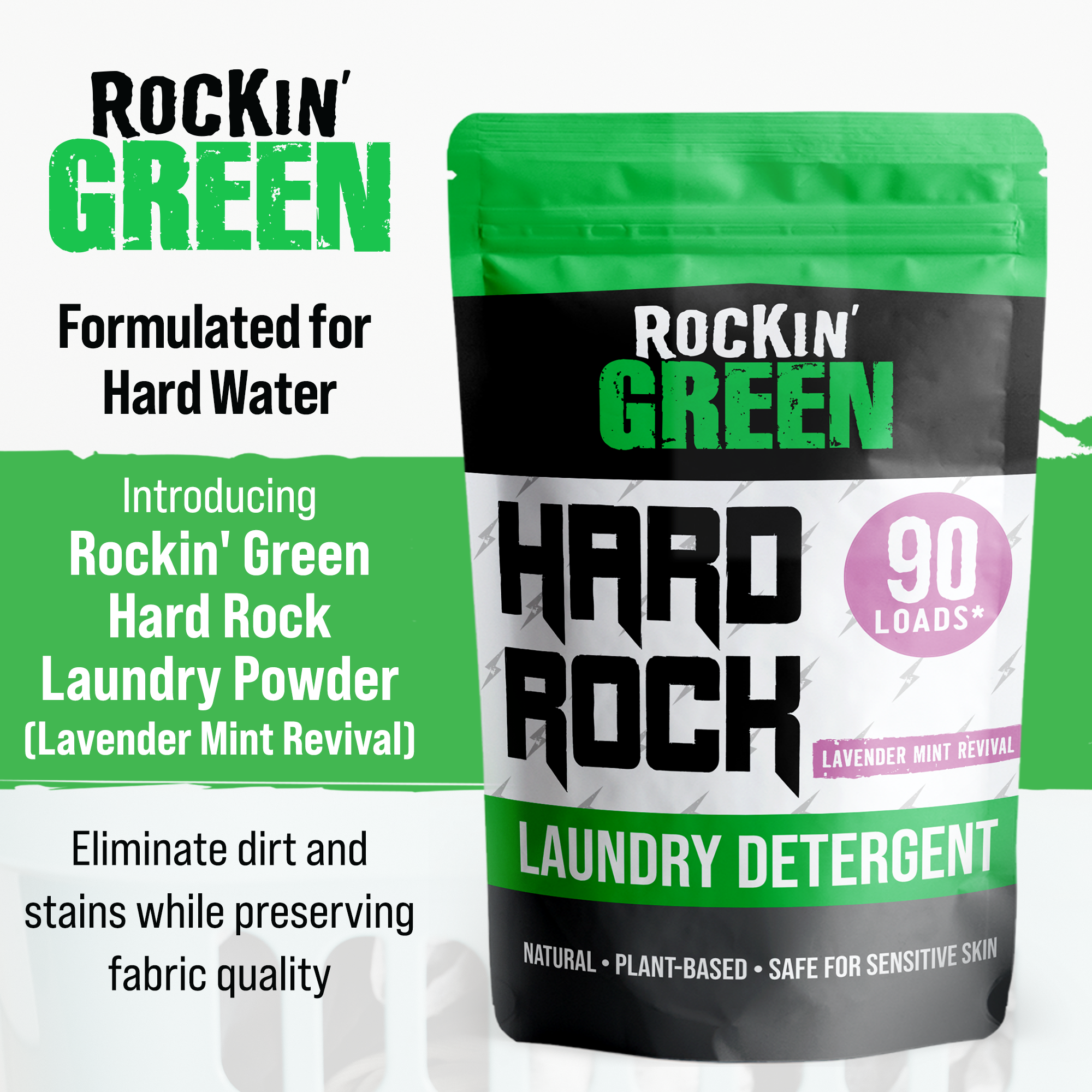 Rockin Greens Lavender Mint Revival Hard Rock detergent, biodegradable and perfect for hard water.