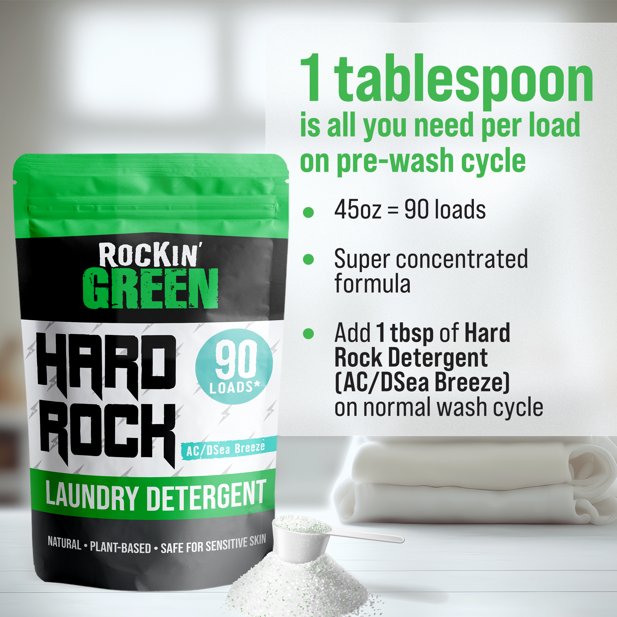 Rockin Greens Hard Rock Laundry Detergent - AC/DSea Breeze: Vegan, cruelty-free benefits & usage tips.
