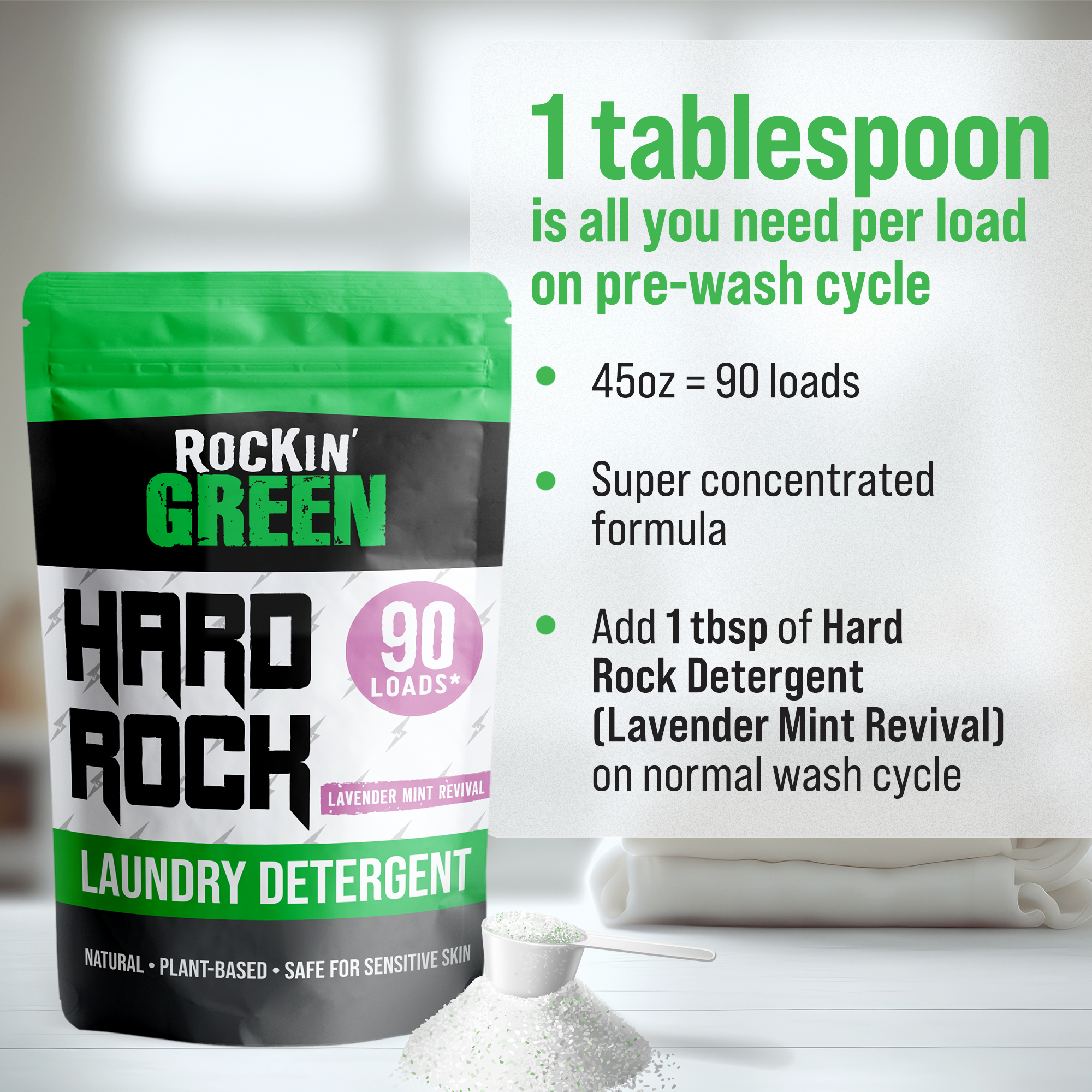 Hard Rock Laundry Detergent - Lavender Mint Revival by Rockin Green in biodegradable packaging, scoop included.