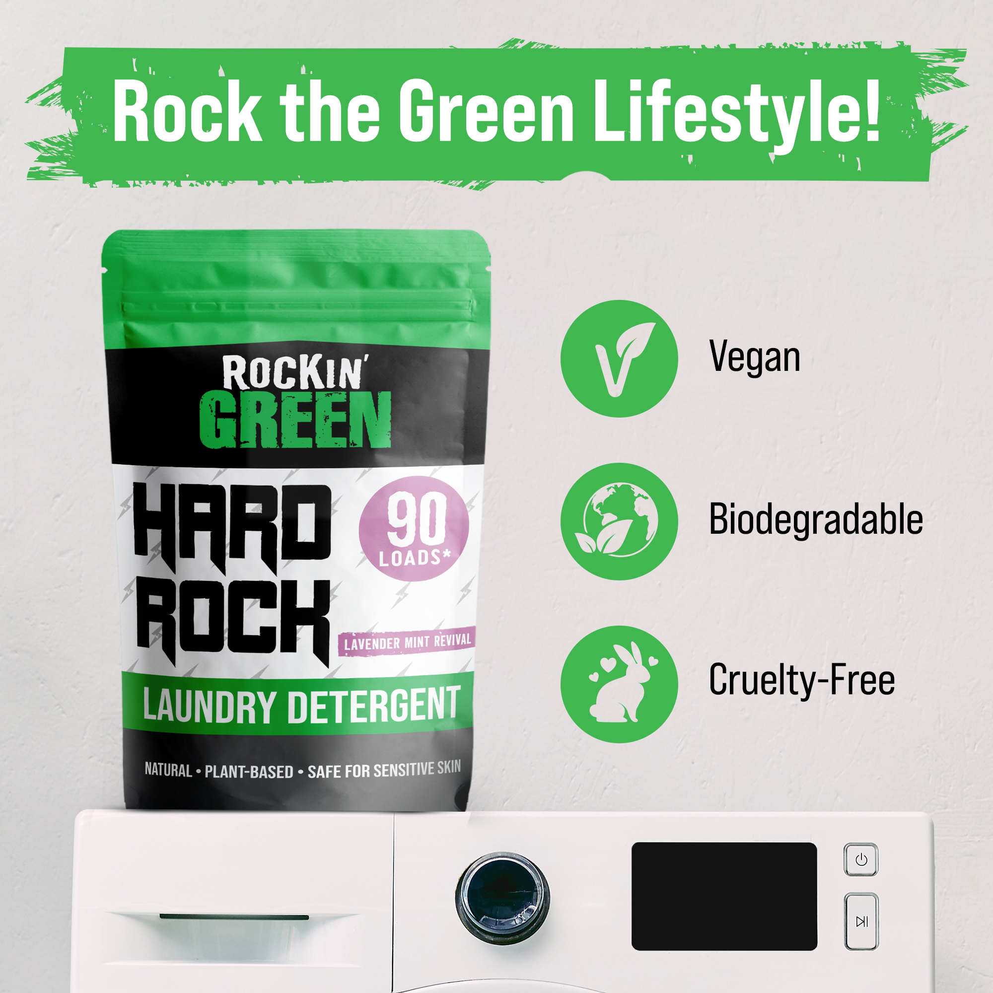 Rockin Greens Hard Rock Laundry Detergent - Lavender Mint Revival: plant-based, cruelty-free, biodegradable.