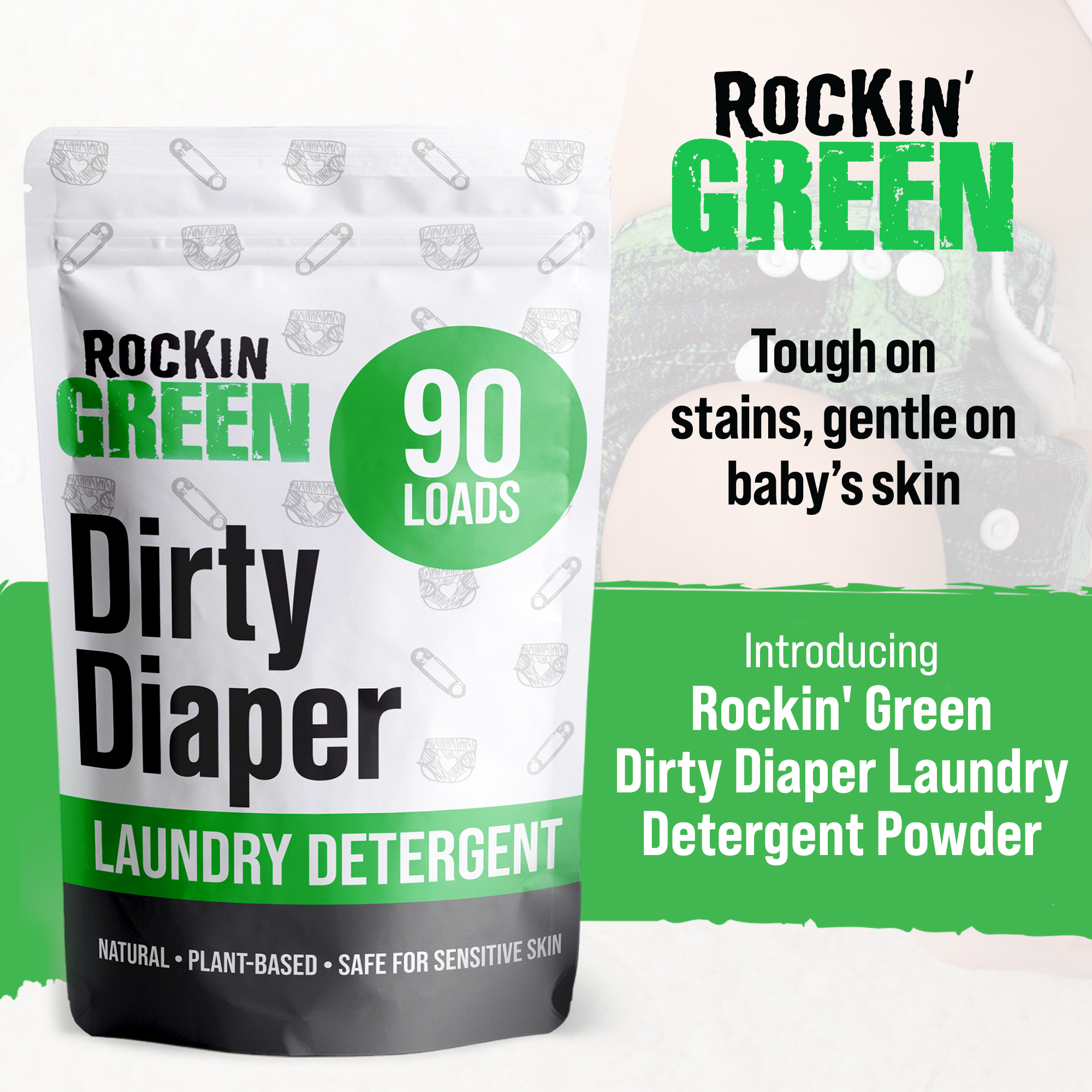 Packaging of Rockin Greens Dirty Diaper Detergent Platinum Series, 90 loads, with plant-powered ingredients.