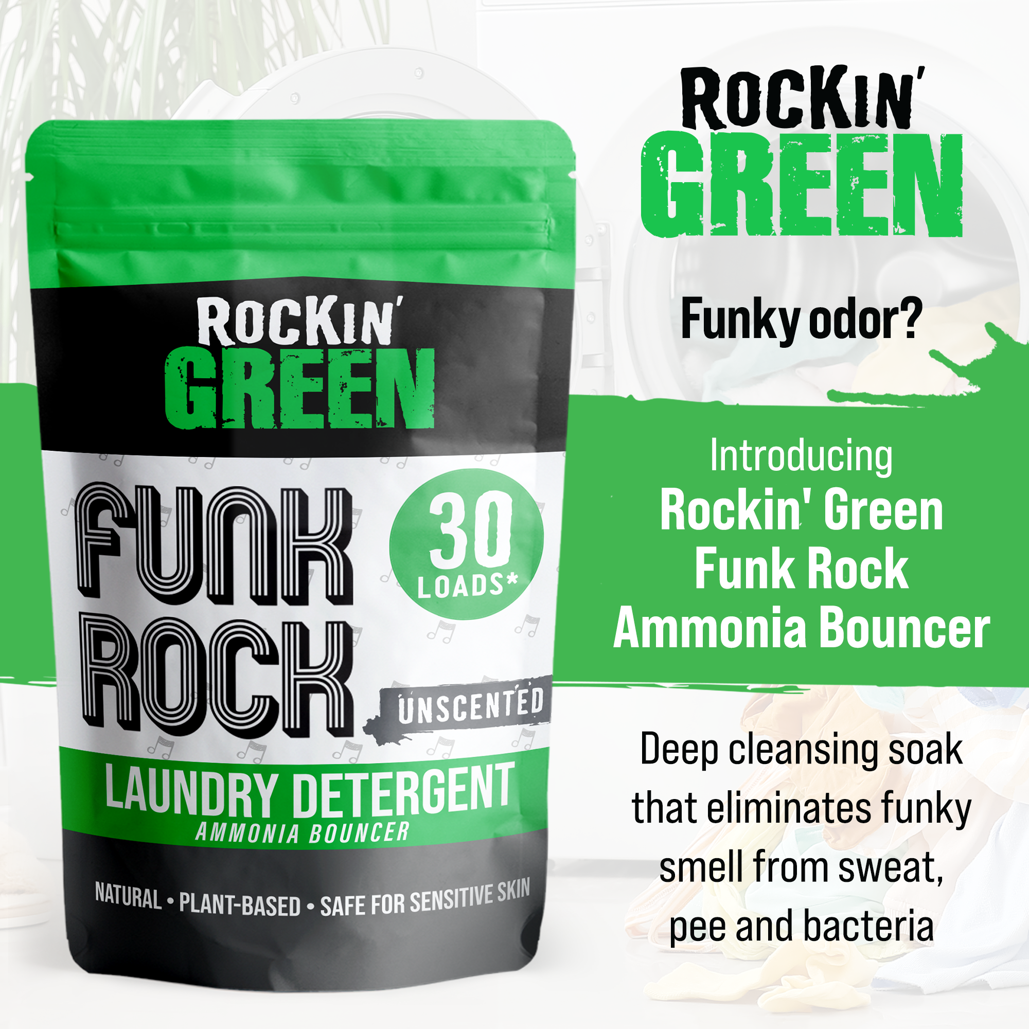 Rockin Green Funk Rock Ammonia Bouncer: plant-based, safe for sensitive skin, effectively tackles odors.