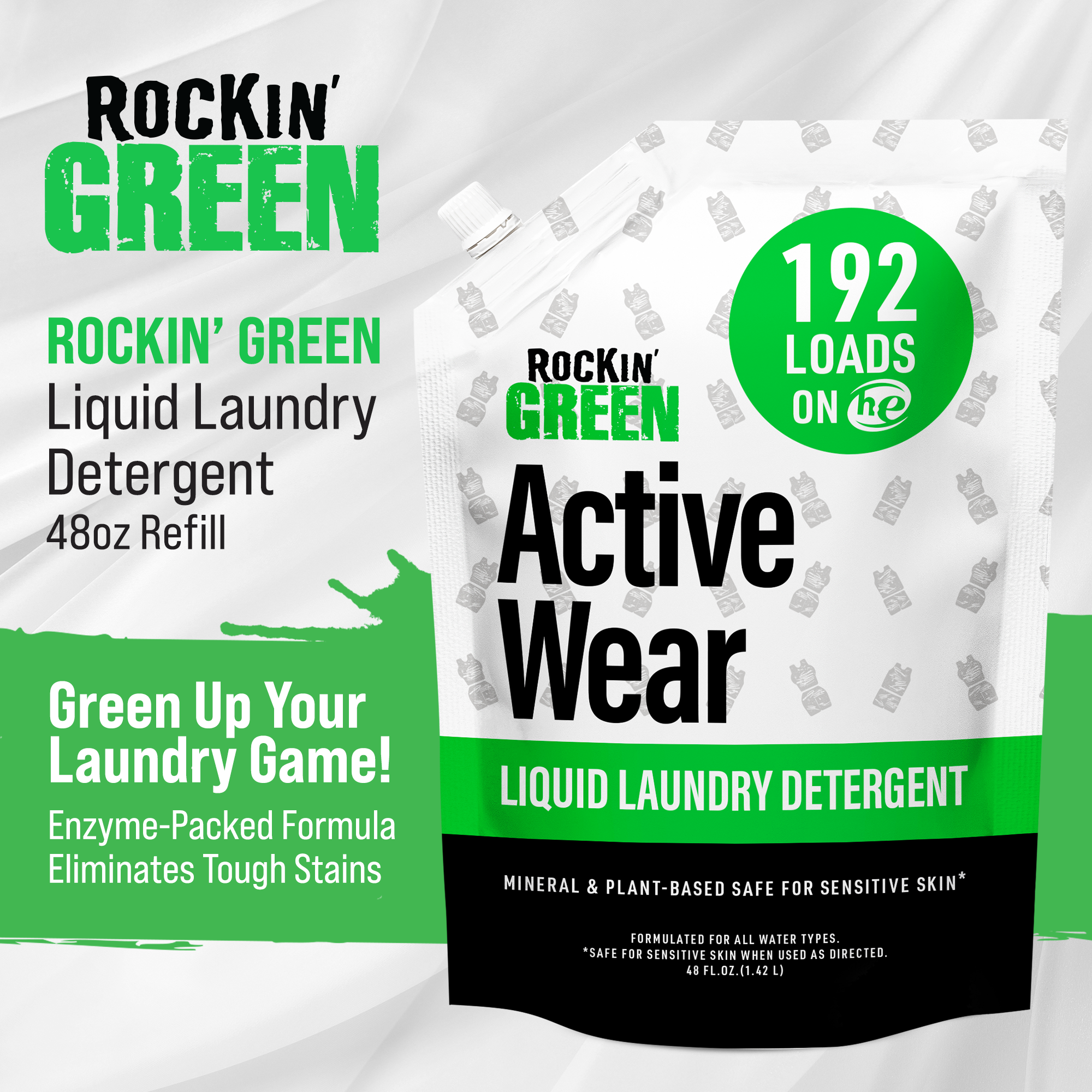 Rockin Greens Activewear Liquid Detergent offers 192 loads with biodegradable plant-based enzymes.
