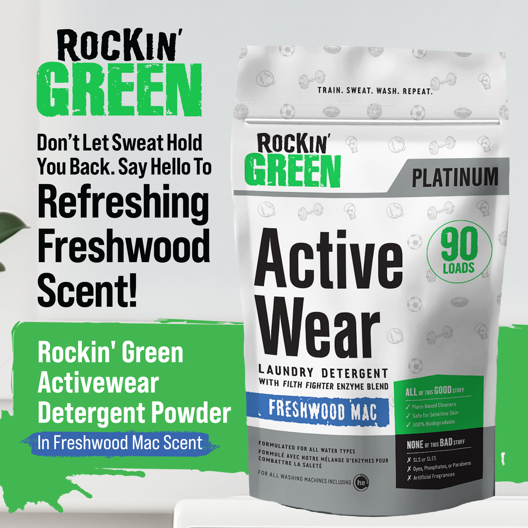 Rockin Greens Active Wear Detergent in Freshwood scent, 90 loads, from the Platinum Series.