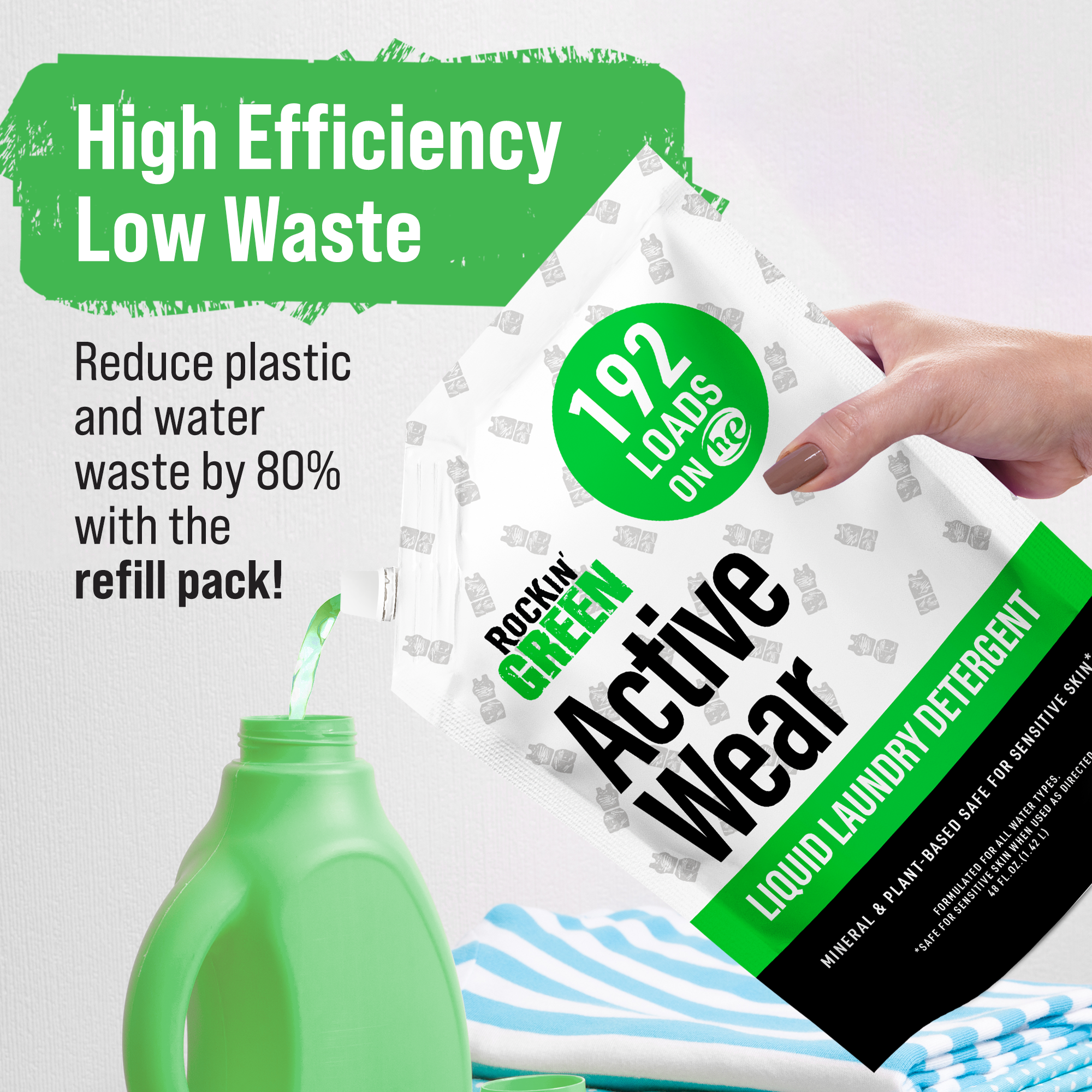 Rockin Greens Activewear Liquid Detergent pouch pours into green bottle; ensures efficiency, low waste.