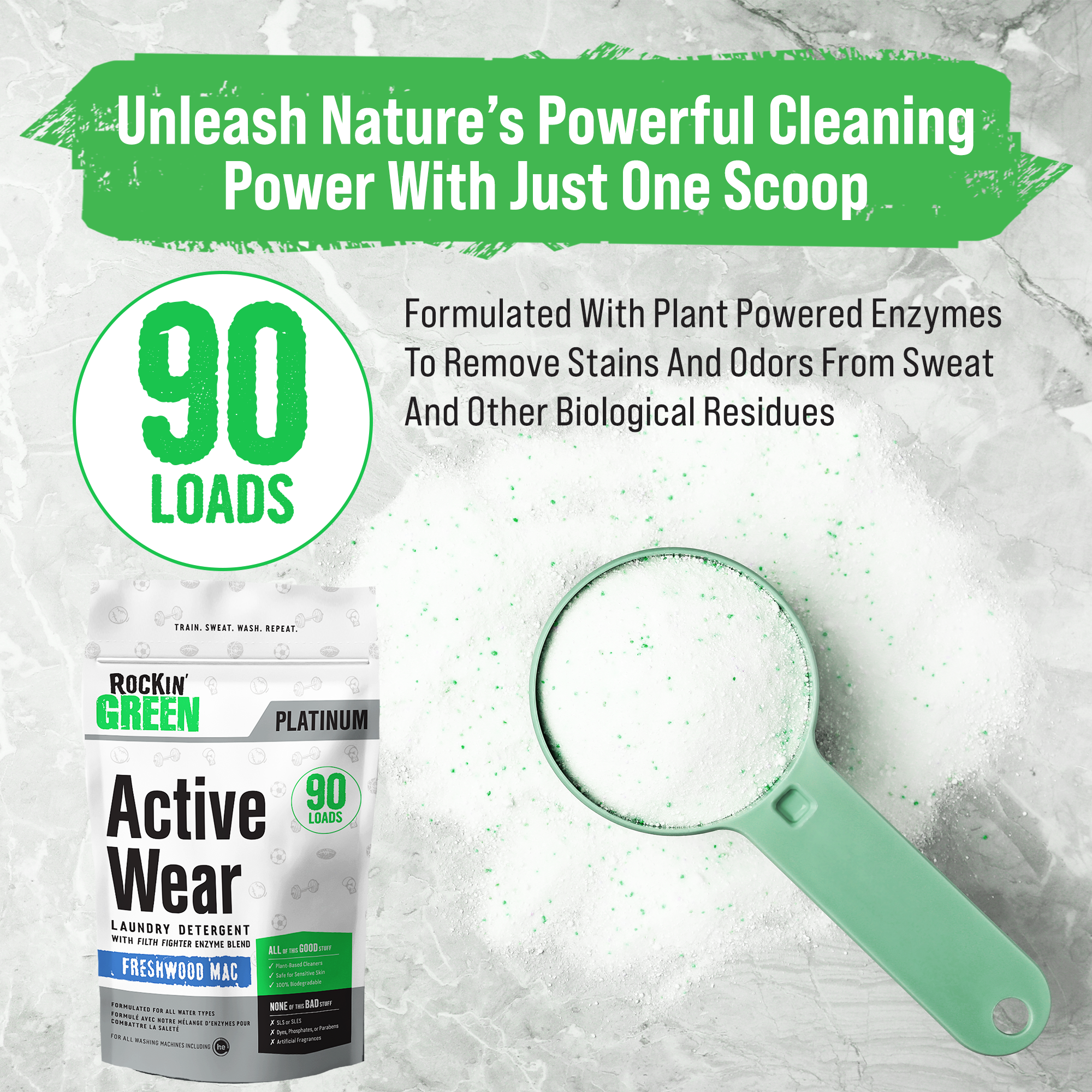 Rockin Greens Active Wear Detergent in Freshwood Scent has cleaning claims with a green scoop on gray packaging.