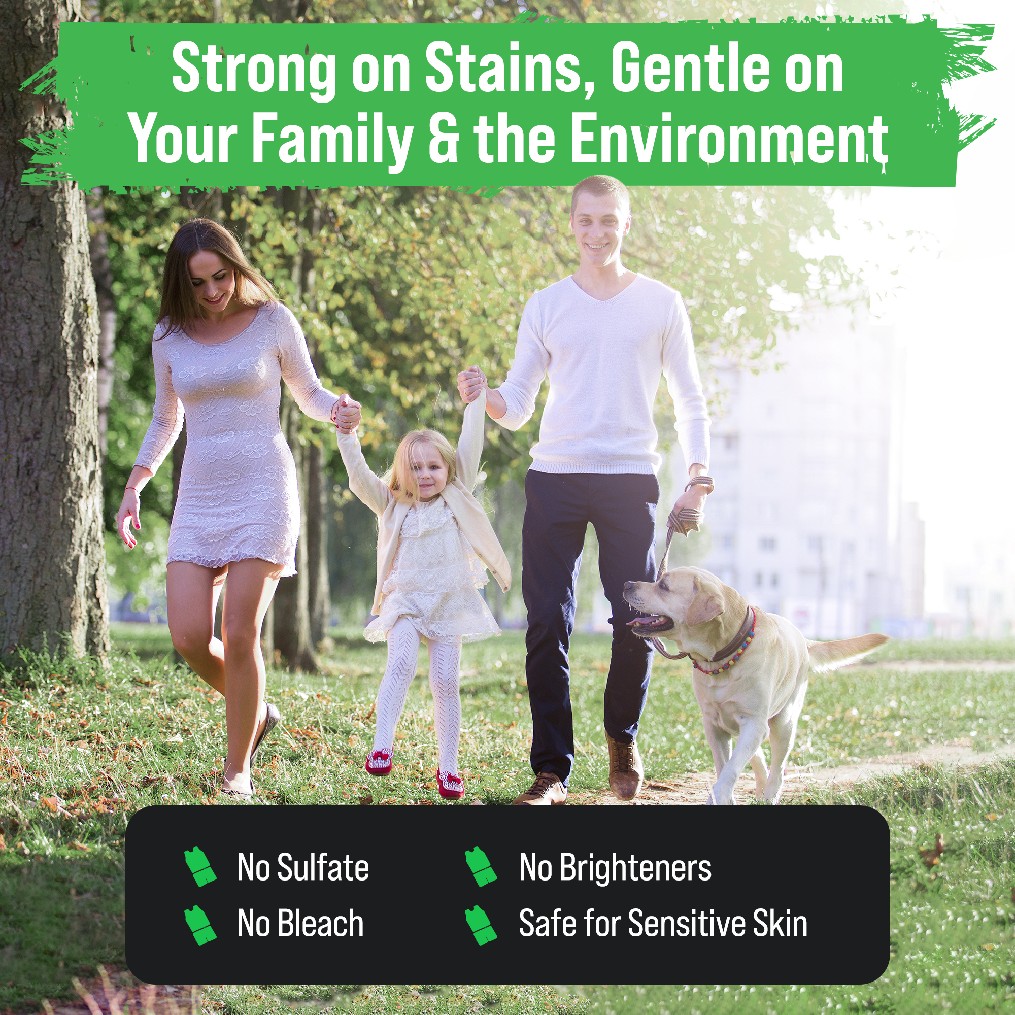 Family walking dog; highlights Rockin Greens eco-friendly, biodegradable Activewear Laundry Detergent.