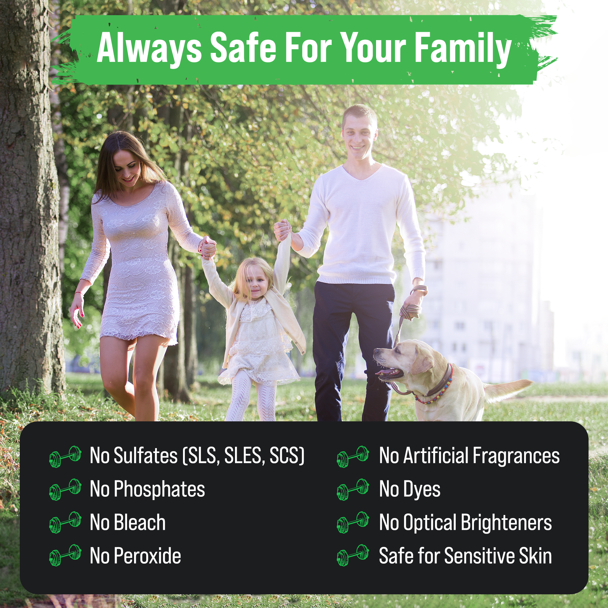 Family in park with a dog, showcasing Rockin Greens eco-friendly Active Wear Laundry Detergent PODs (40).