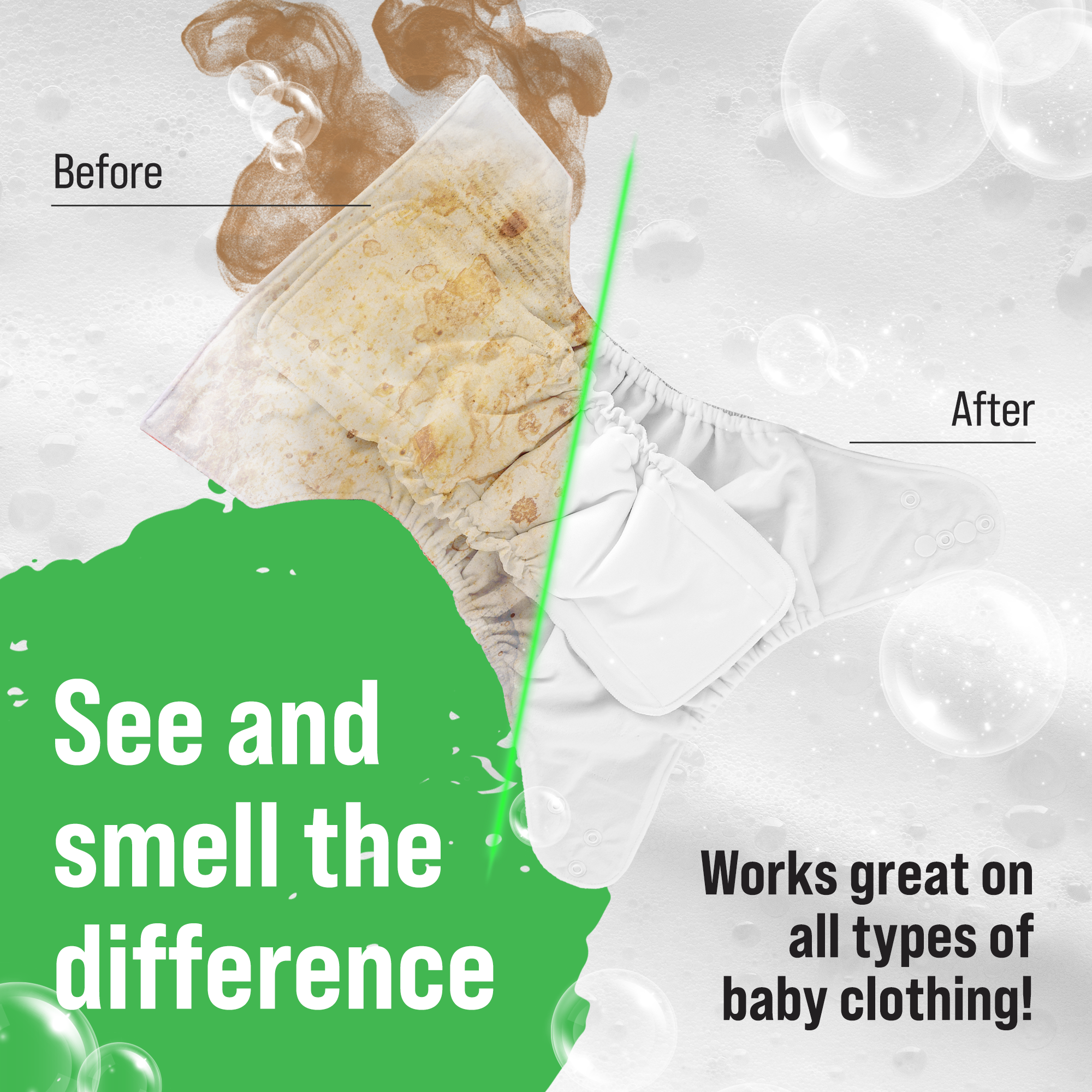 Before & after of a diaper with Rockin Greens Dirty Diaper Detergent Platinum Series: See and smell the difference.