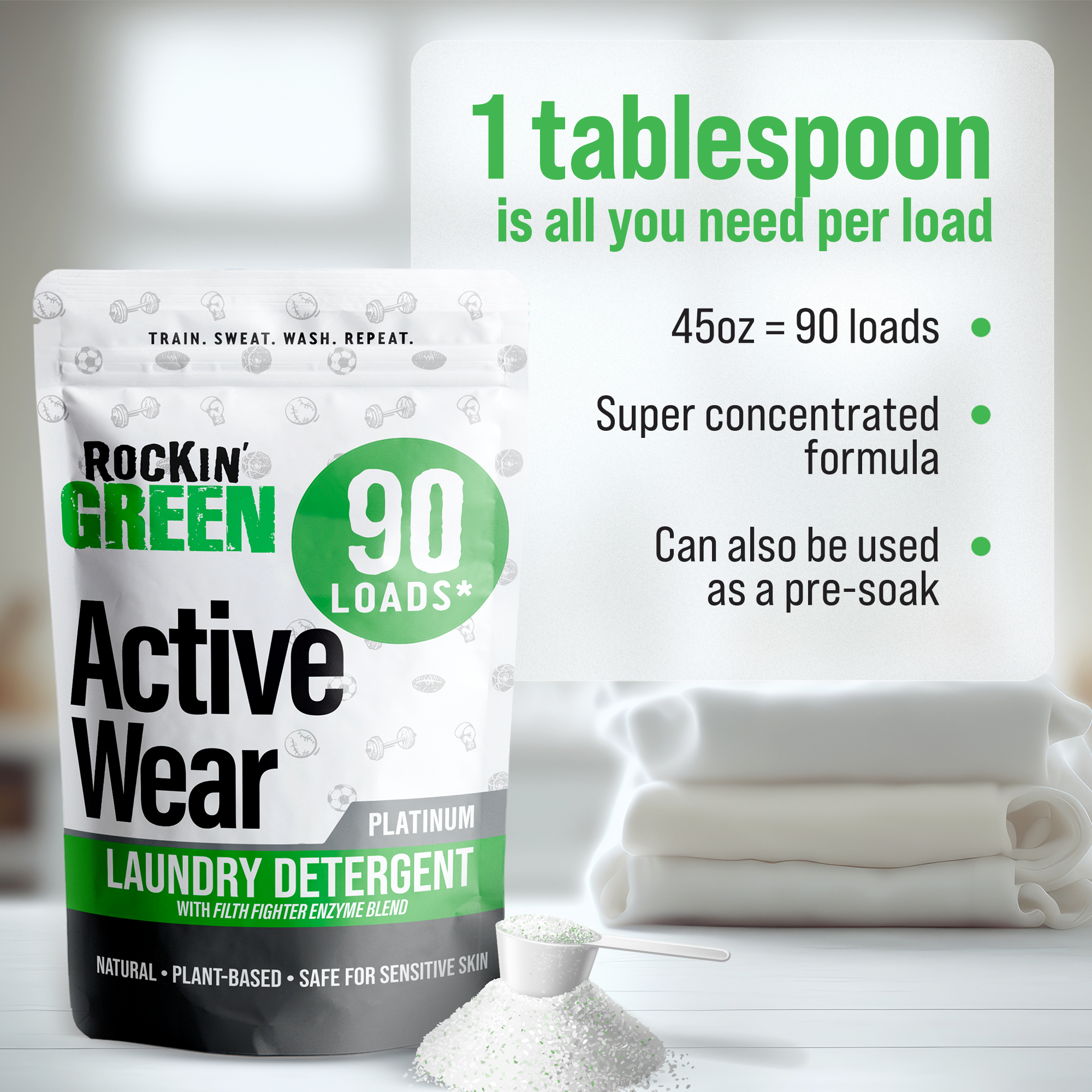 Bag of Rockin Green Active Wear Detergent with small scoop and plant-based enzymes for activewear washing.