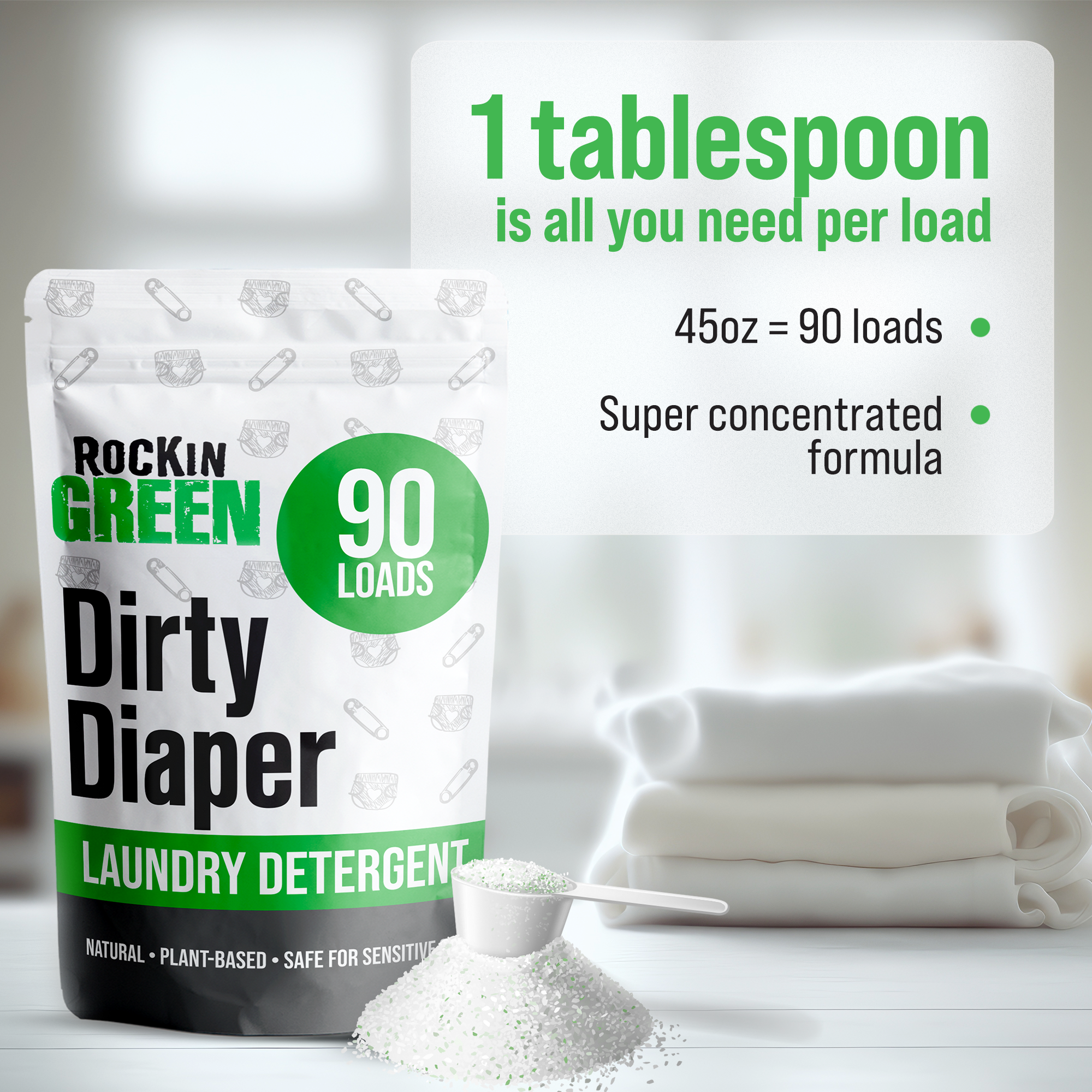 Rockin Green’s Dirty Diaper Detergent Platinum Series: Ideal for cloth diaper care with plant-powered ingredients.