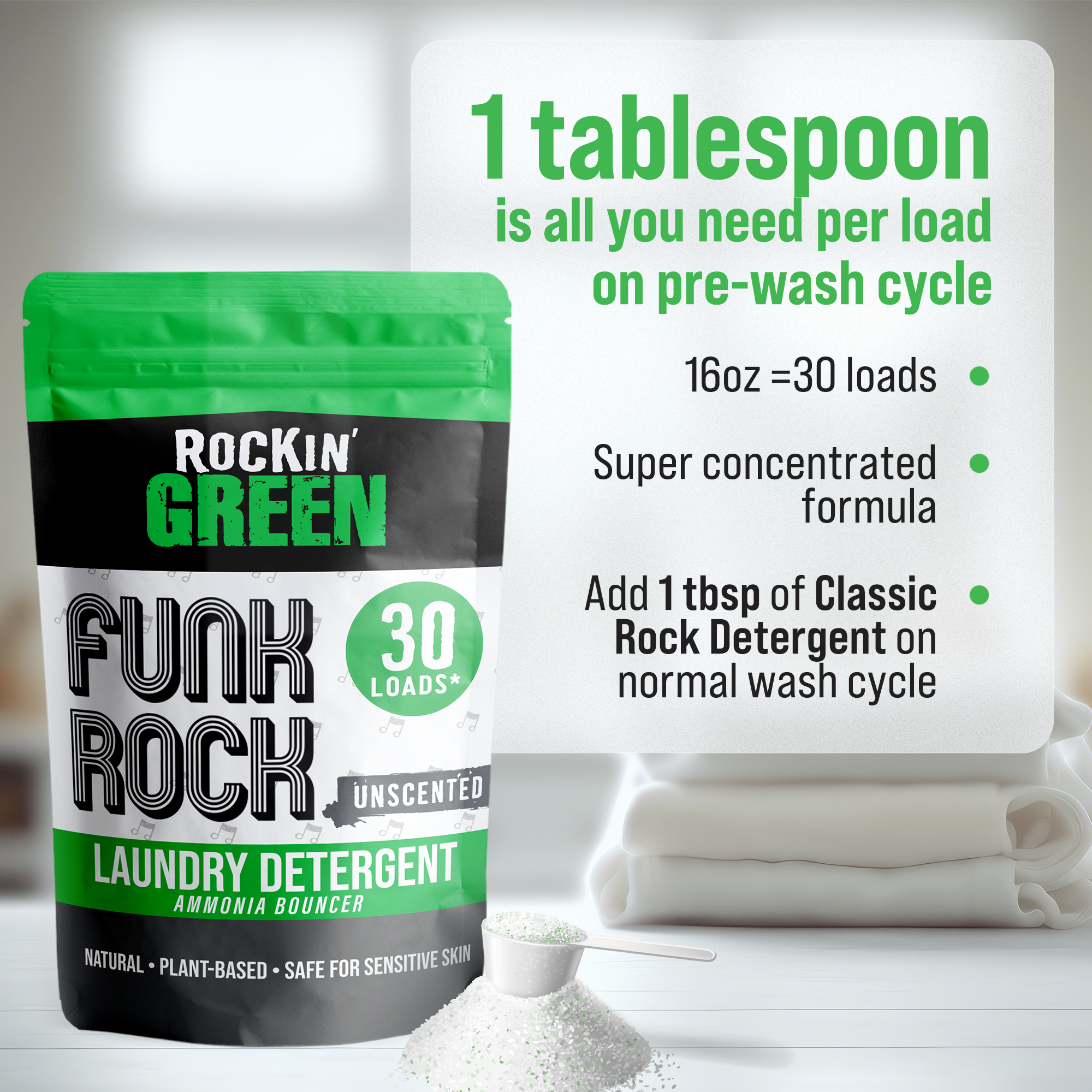 Funk Rock Ammonia Bouncer by Rockin Green: eco-friendly, plant-based laundry soap with a scoop for efficient use.