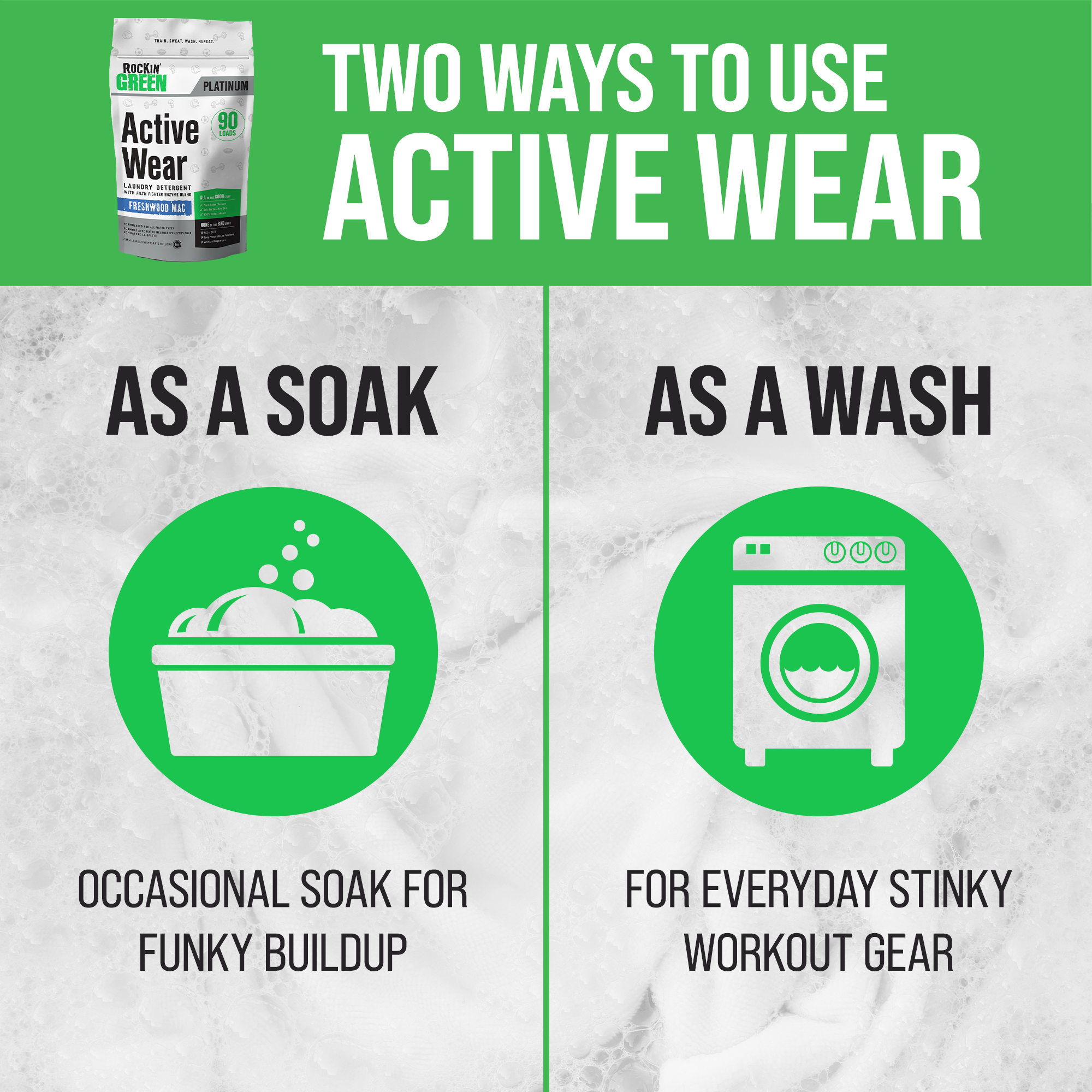 Chart: Rockin Green Active Wear Detergent cleans workout gear and removes buildup, Freshwood scent.