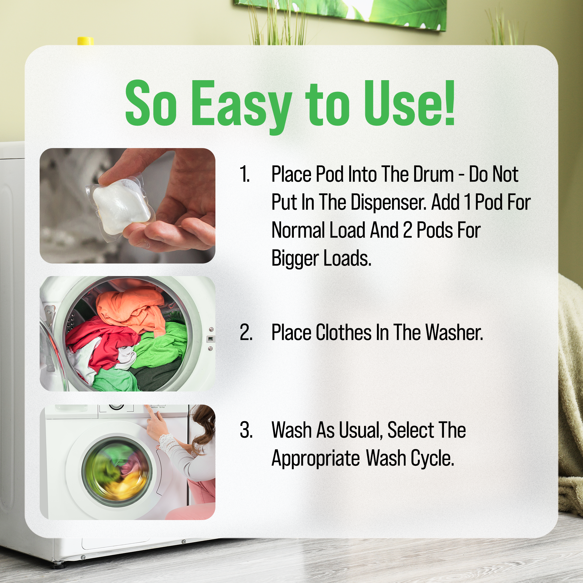 Rockin Green Active Wear Laundry POD use: images show a hand, washer, and clothes inside.