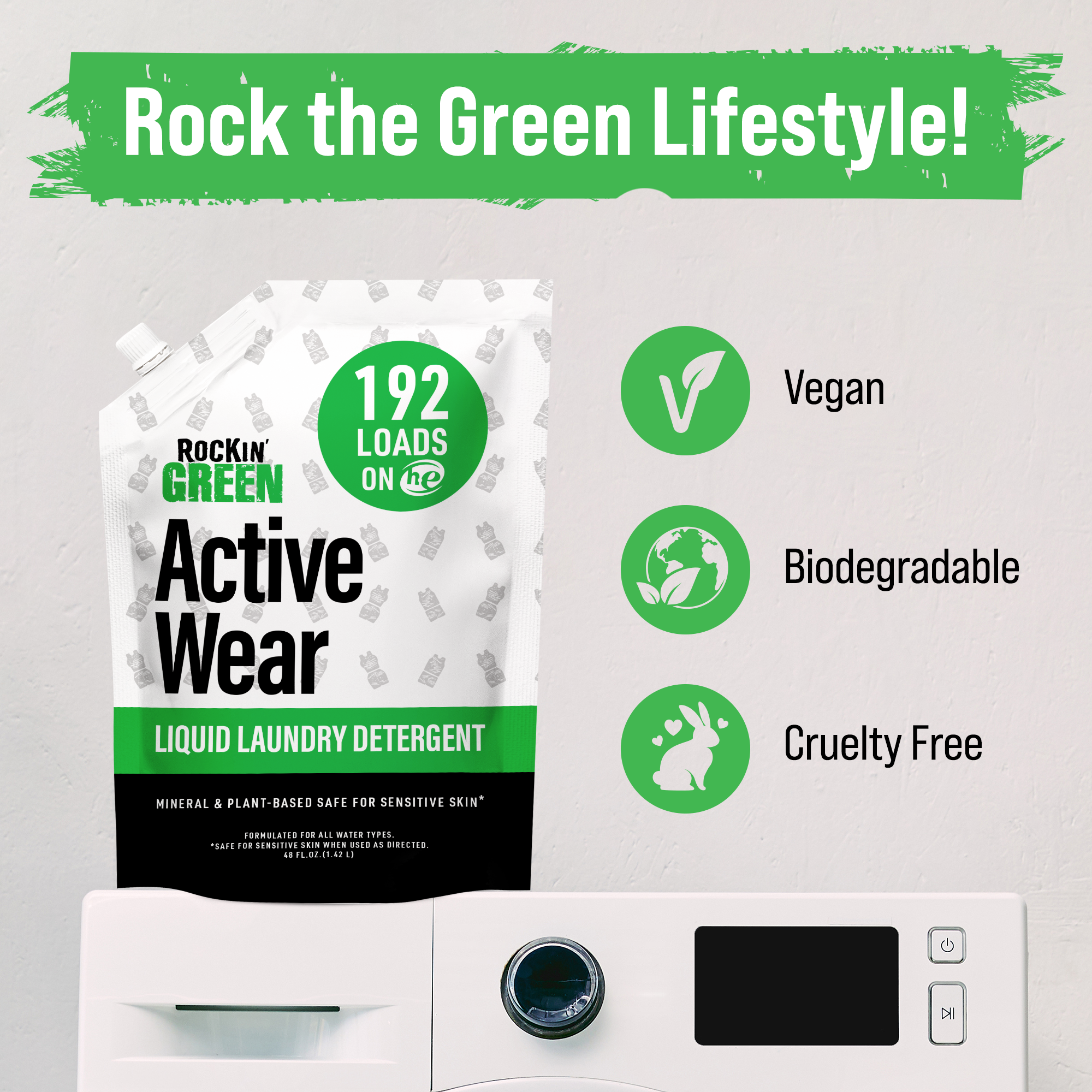 Rockin Green Activewear Detergent: vegan, biodegradable, cruelty-free, plant-powered enzymes.