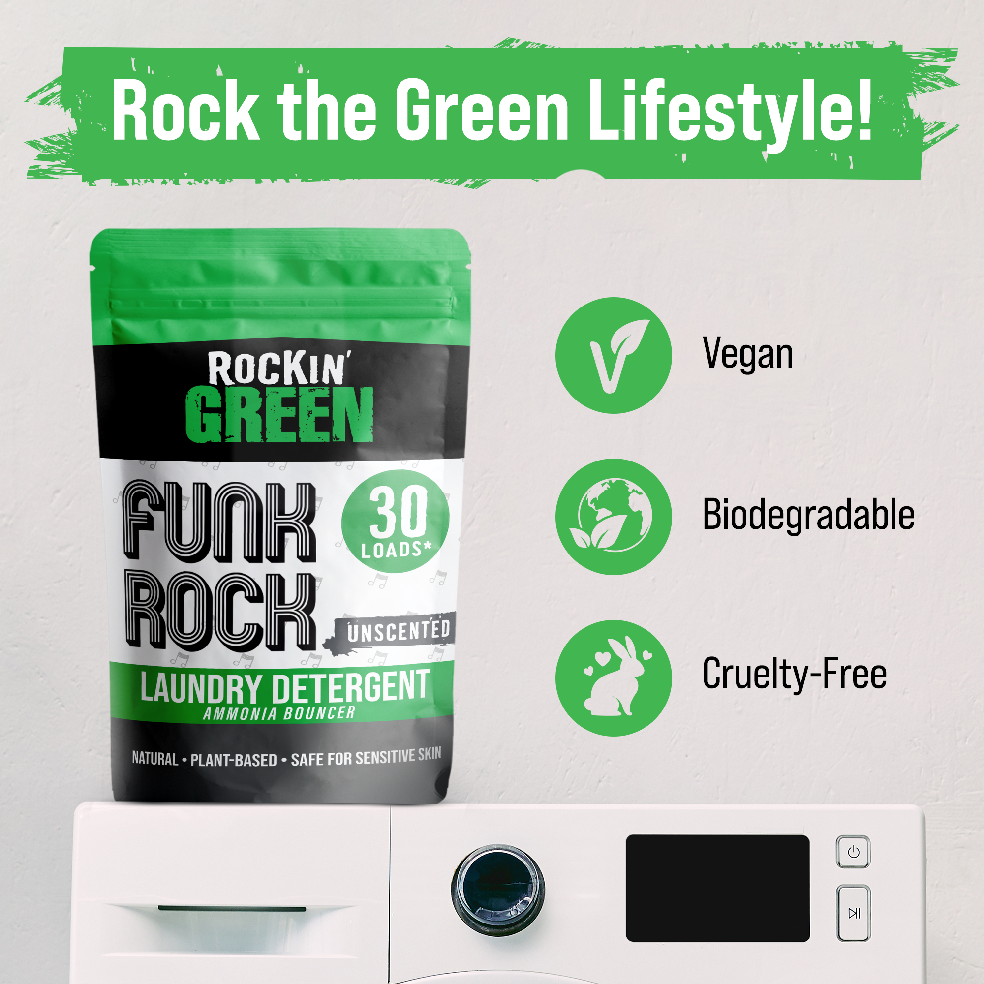 Ad for Rockin Greens Funk Rock Ammonia Bouncer on a washer, labeled vegan and cruelty-free.