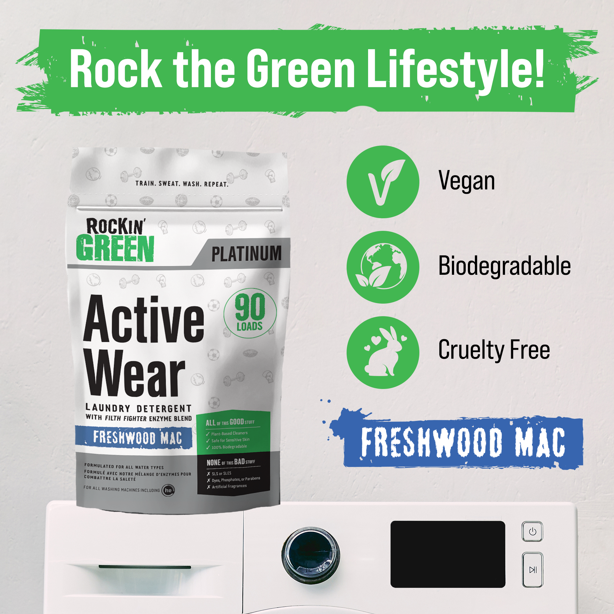 Active Wear Detergent-Freshwood scent by Rockin Green on washer; vegan, biodegradable, cruelty-free labels.