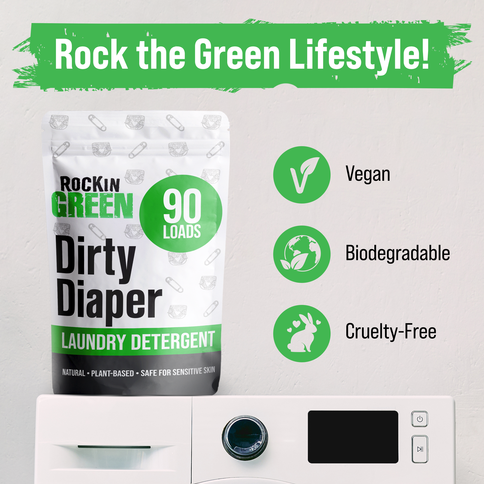 Dirty Diaper Detergent Platinum Series by Rockin Green bag with eco-friendly icons on a washing machine.