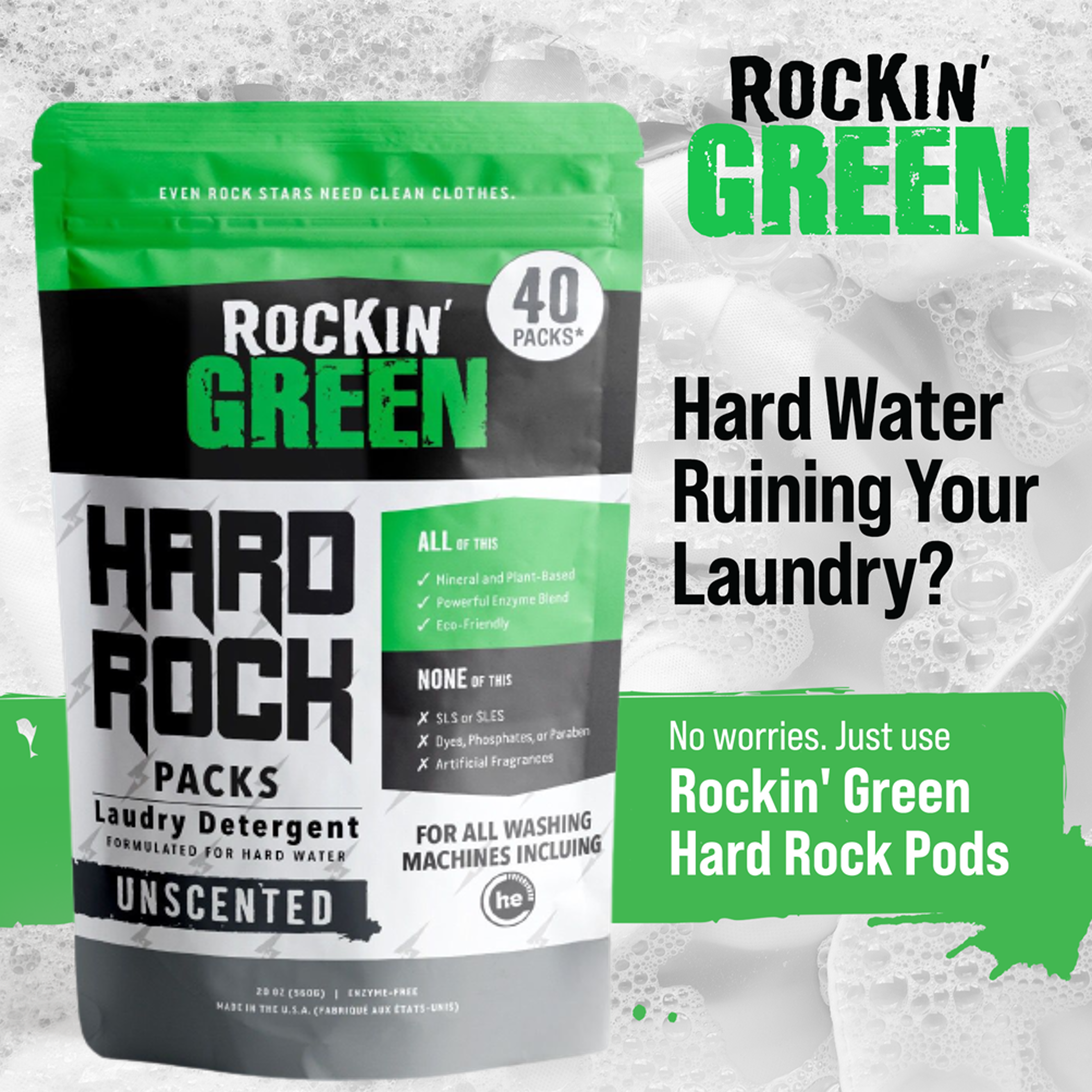 Rockin Green Hard Rock Laundry Detergent PODs (40): Natural, unscented pods for hard water.