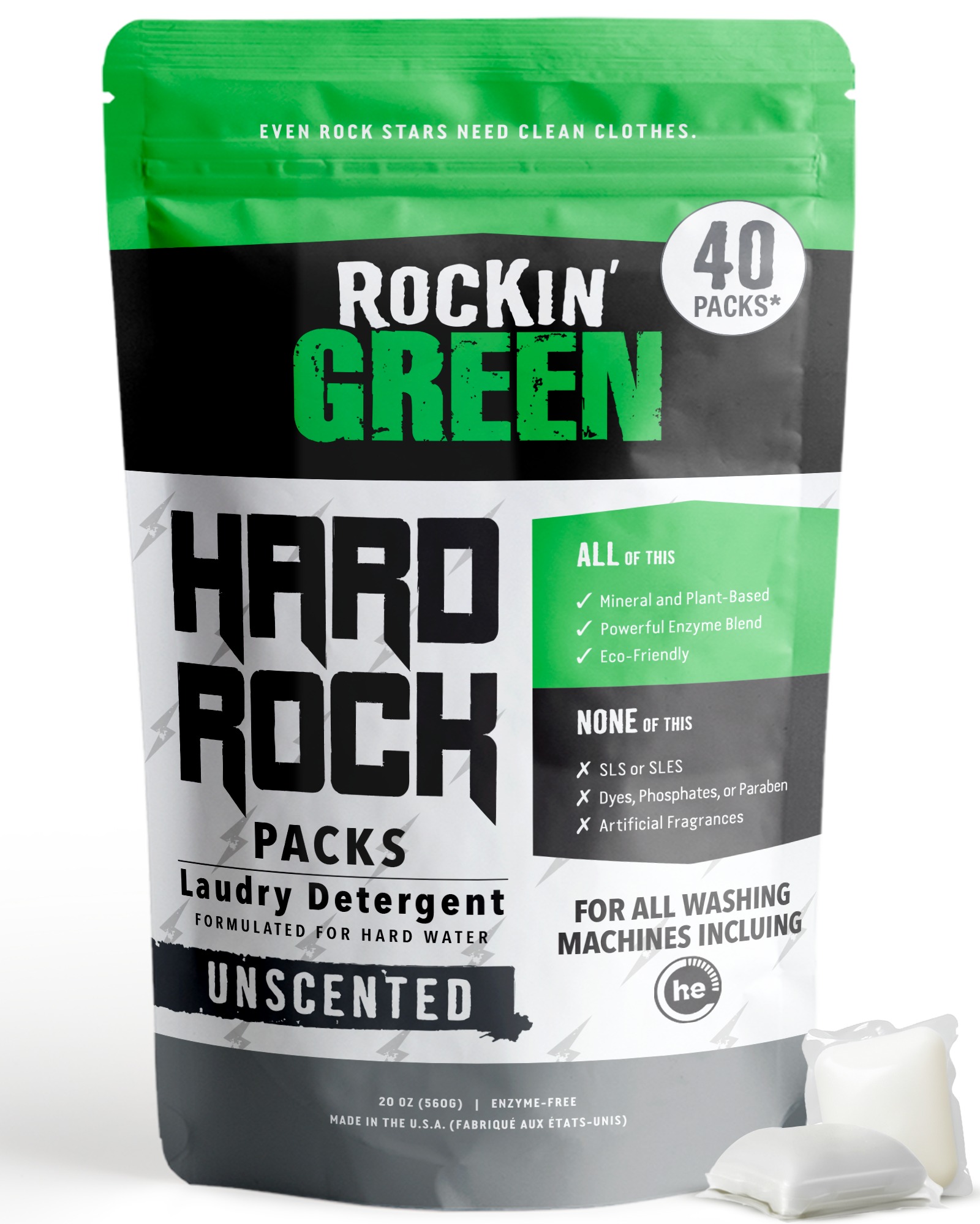 Rockin Green Hard Rock Laundry Detergent PODs (40) next to a laundry detergent pod.