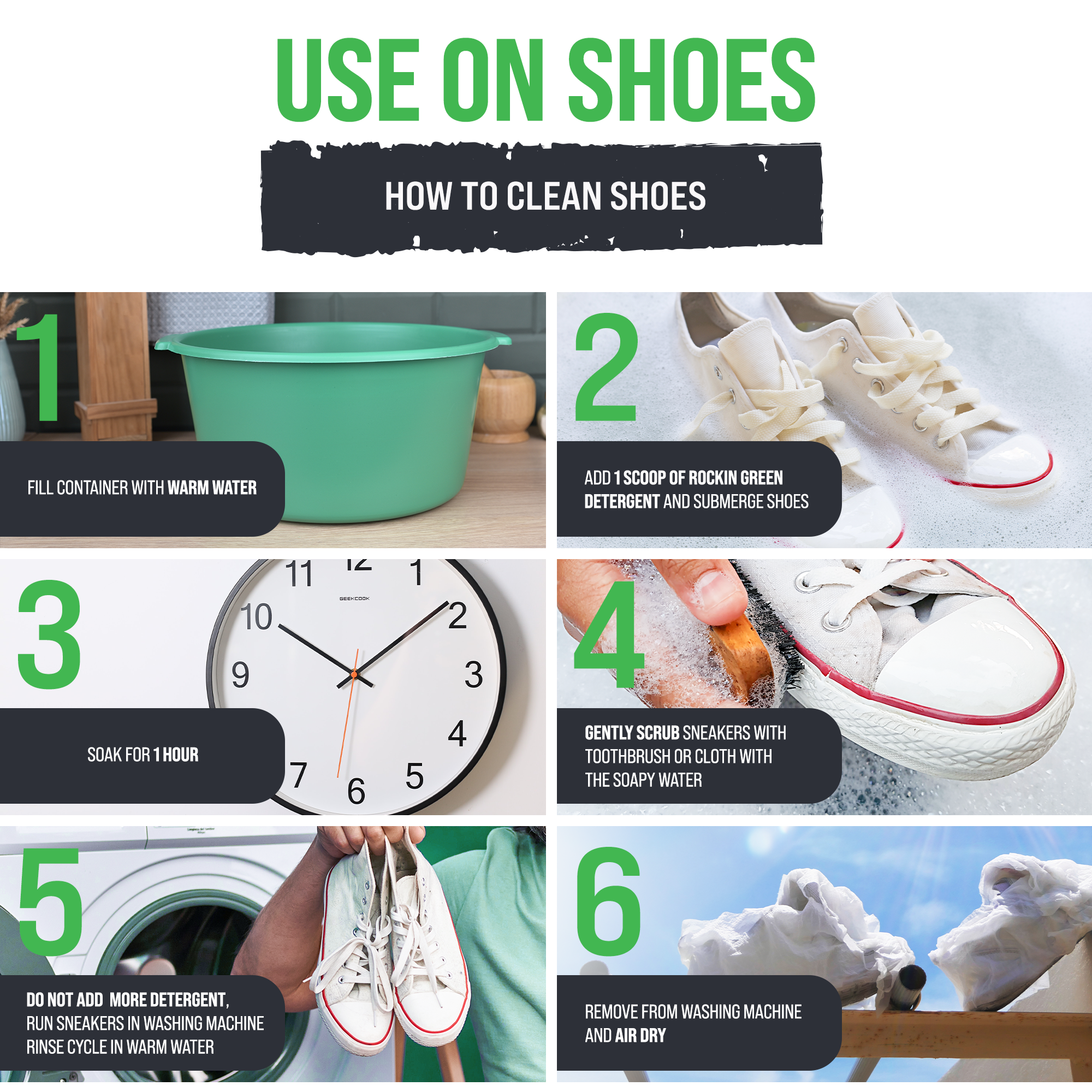 Guide on cleaning shoes with Classic Rock Detergent, warm water, pictorials, and tips from Rockin Green.