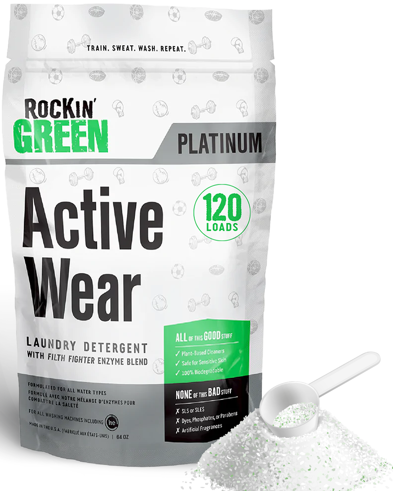 Rockin Green Active Wear Detergent 120 Loads, Platinum Series—hypoallergenic and plant-powered.