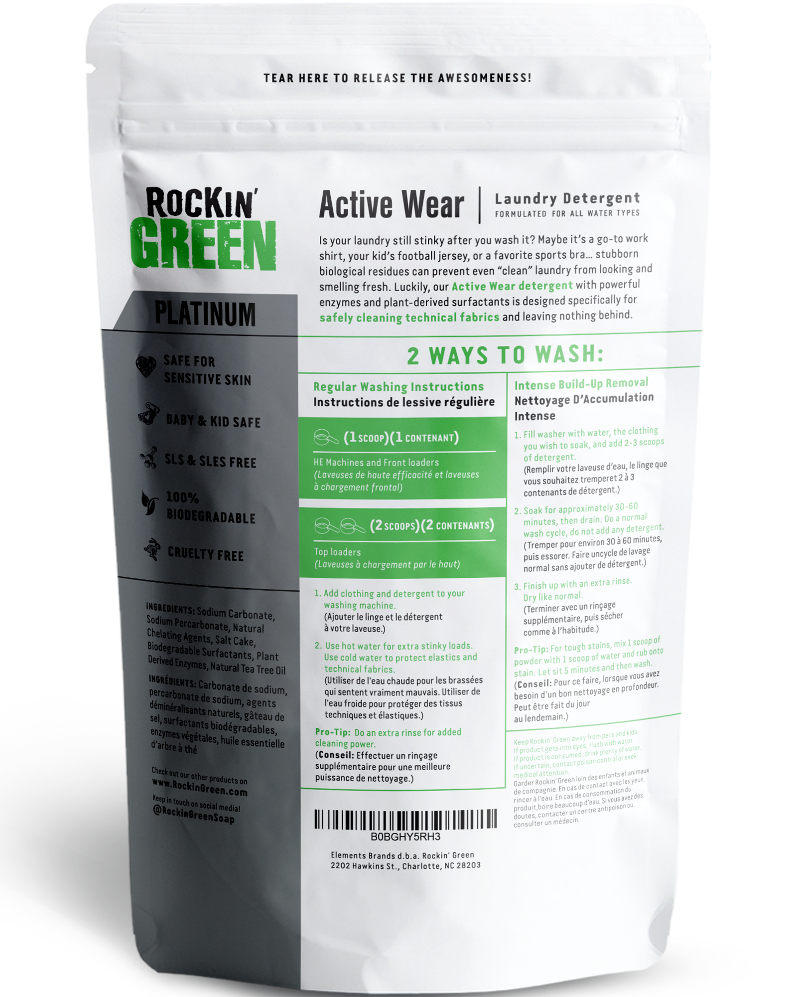 Rockin Greens Platinum Series Detergent uses plant-powered ingredients and includes safety info.
