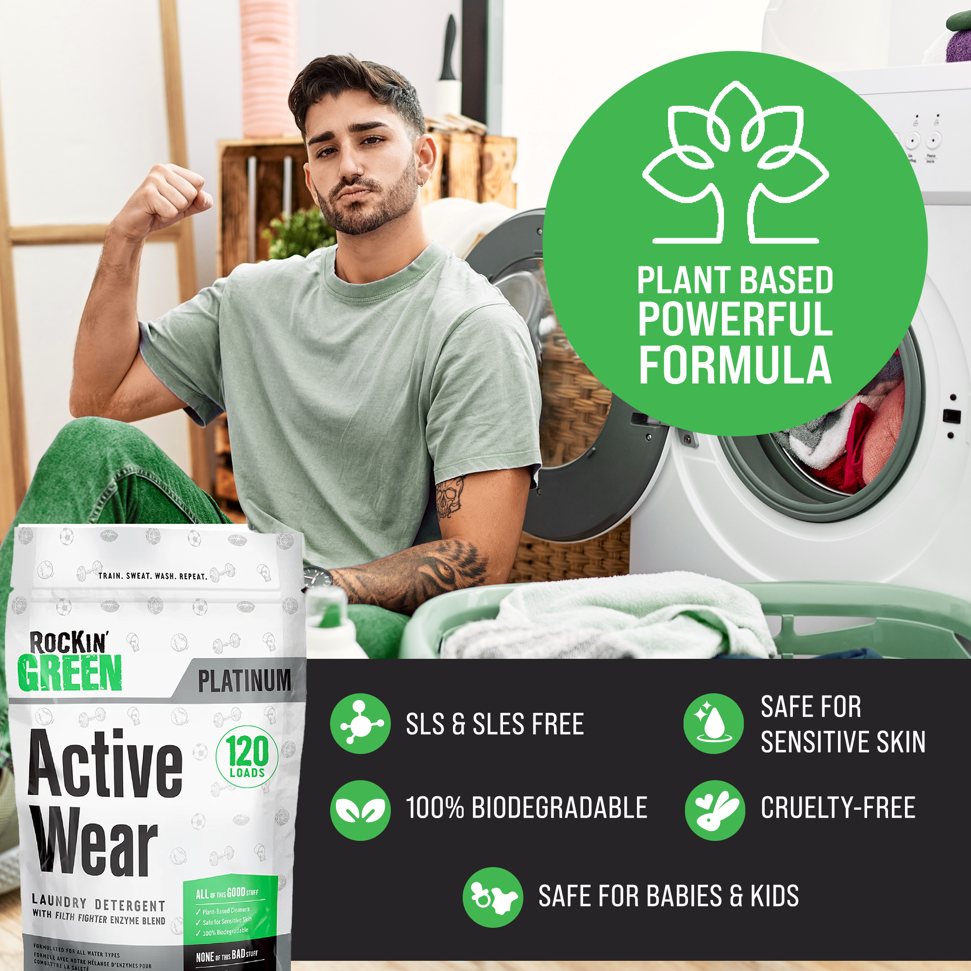 Man holding thumbs up near a washing machine with Rockin Greens plant-powered Active Wear Detergent.