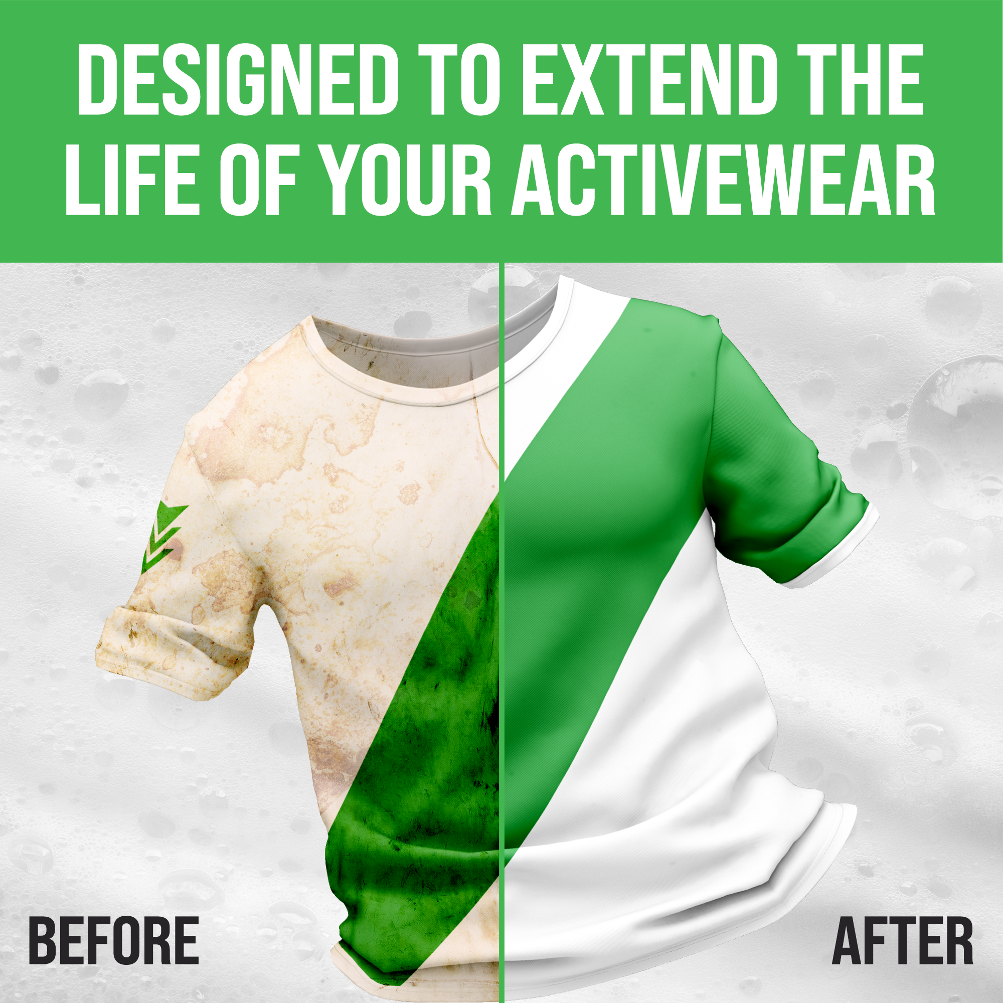 Split image of a shirt: left dirty, right clean. Rockin Green: Platinum Series to Extend Your Activewears Life.