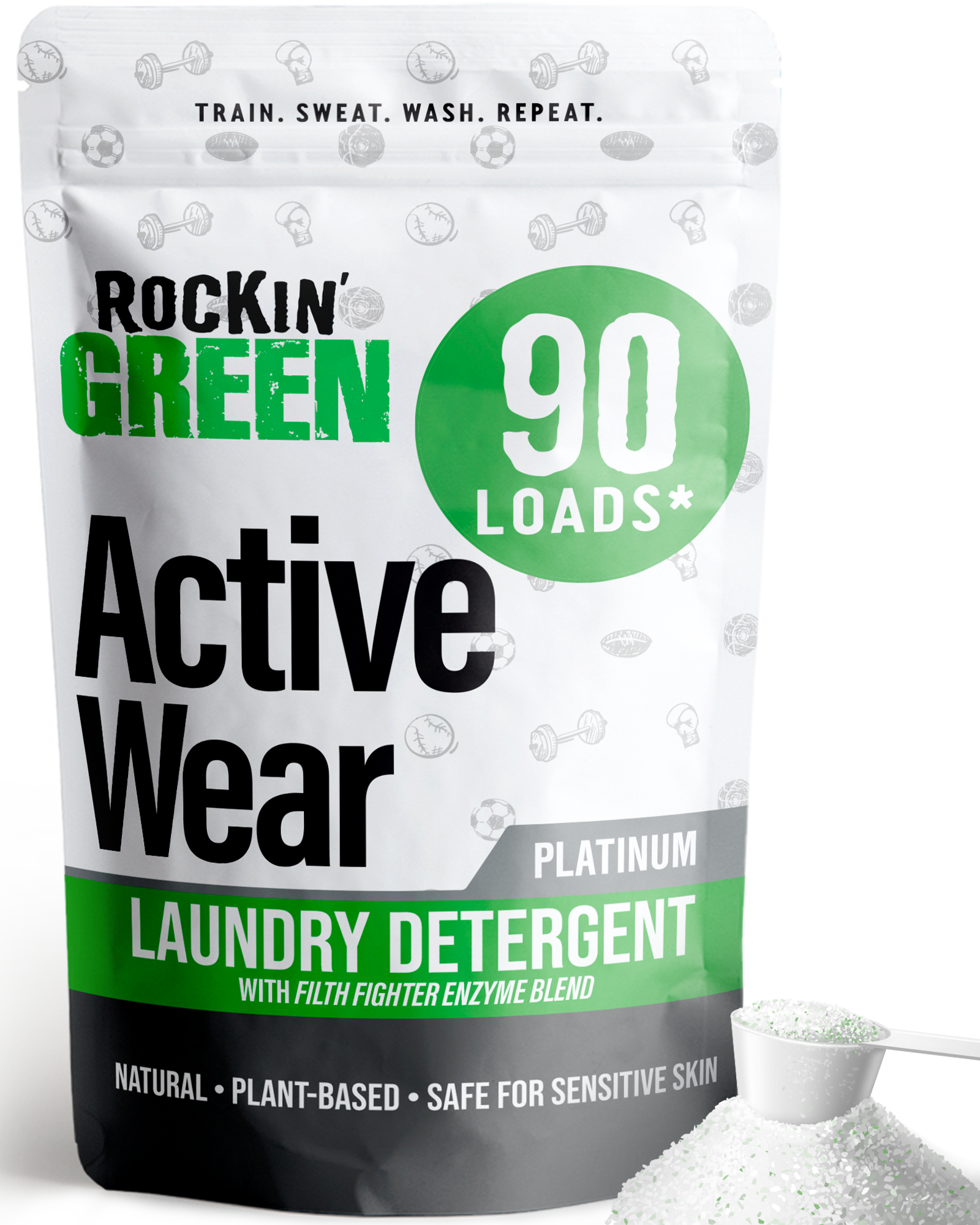 Rockin Green Active Wear Detergent Platinum Series, 90 loads, with plant-based enzymes and a scooper.