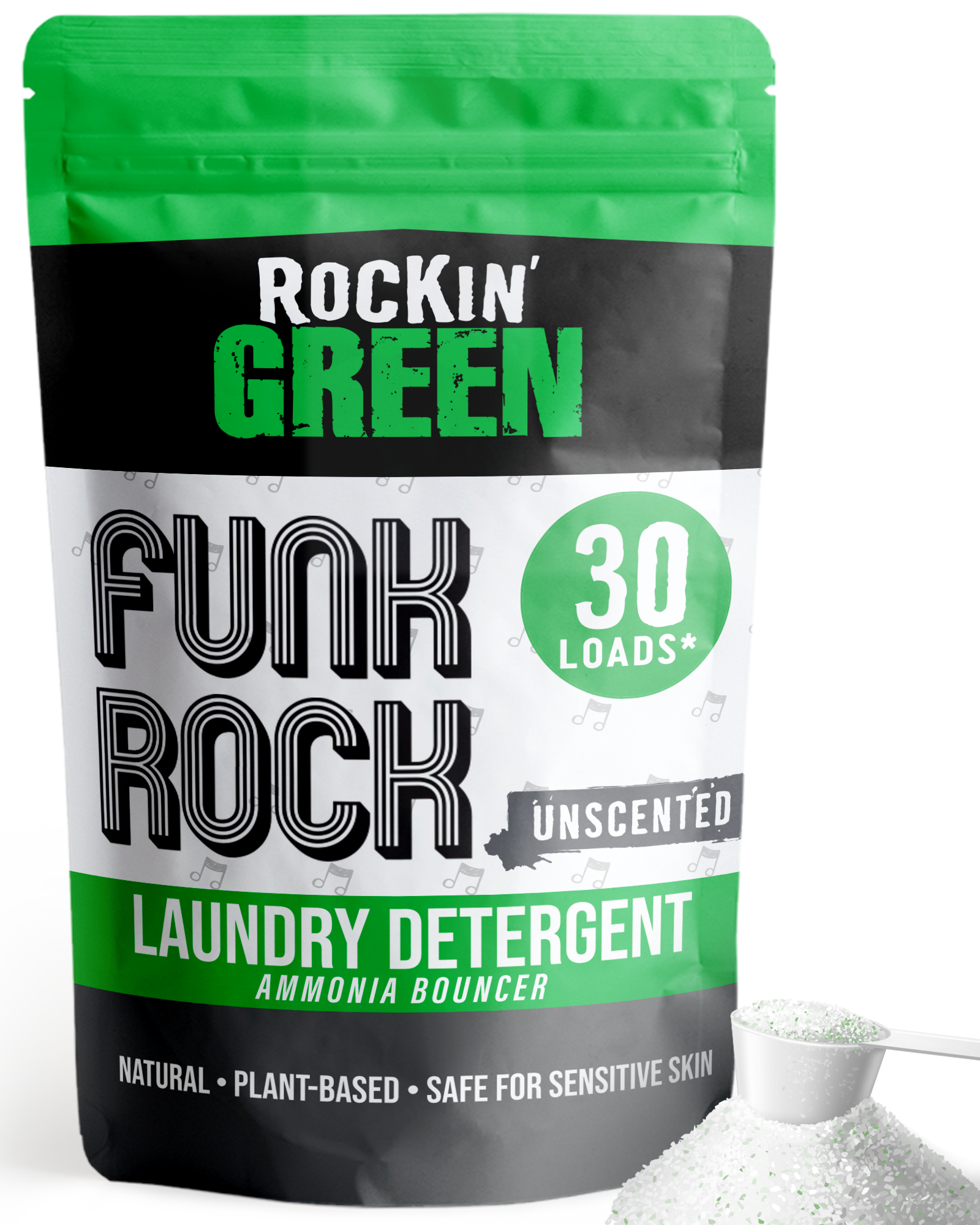 Rockin Greens Funk Rock Ammonia Bouncer bag with a white mound beside it.