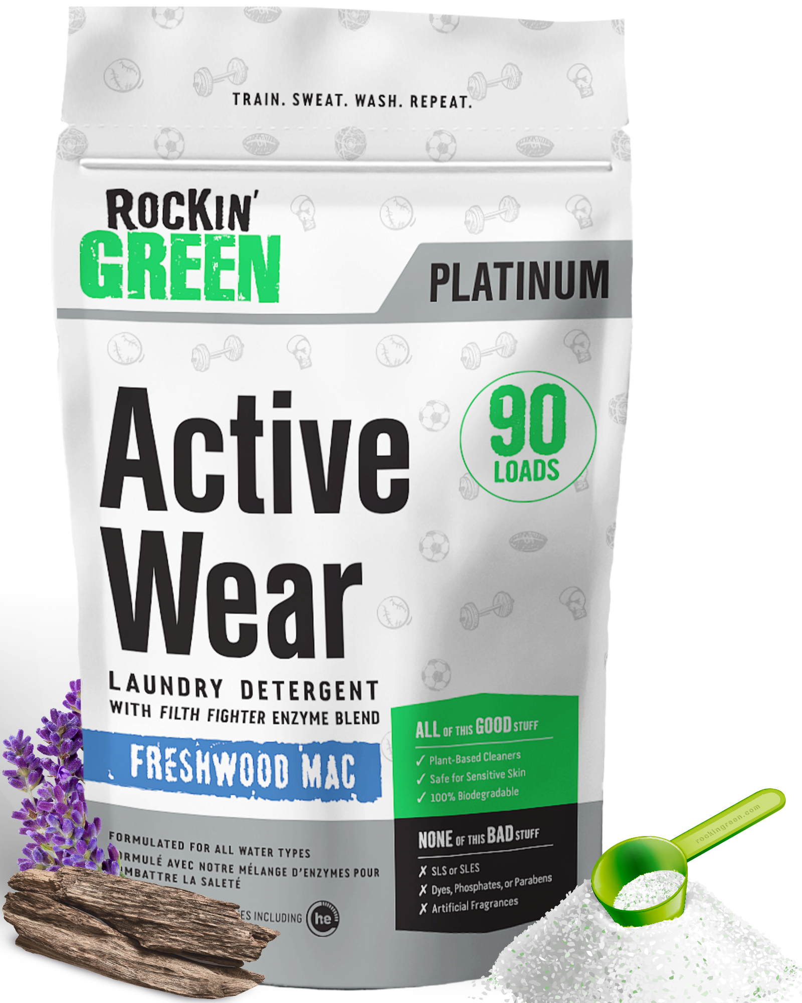 Rockin Green Active Wear Detergent - Freshwood Scent, Platinum Series, hypoallergenic with lavender scoop.