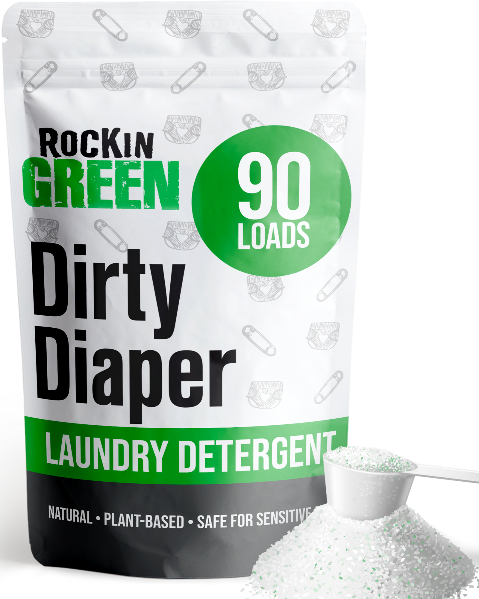 Dirty Diaper Detergent Platinum Series by Rockin Green shown with a scoop of baby laundry powder in front.
