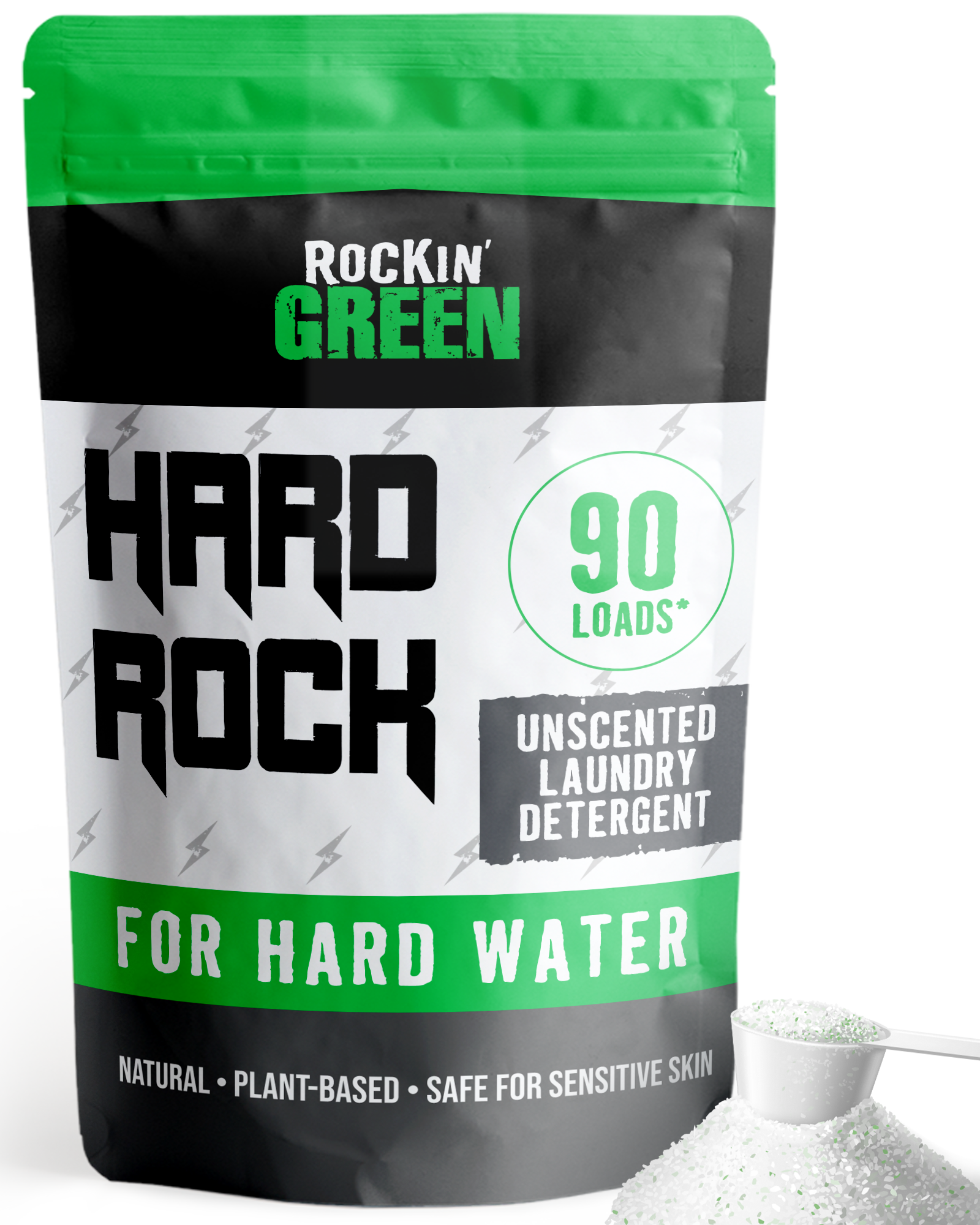Hard Rock Laundry Detergent: Unscented (90 Loads) for hard water, scoop shown in foreground.