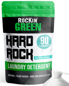 Rockin Green Hard Rock AC/DSea Breeze detergent with plant-based formula and measuring scoop.