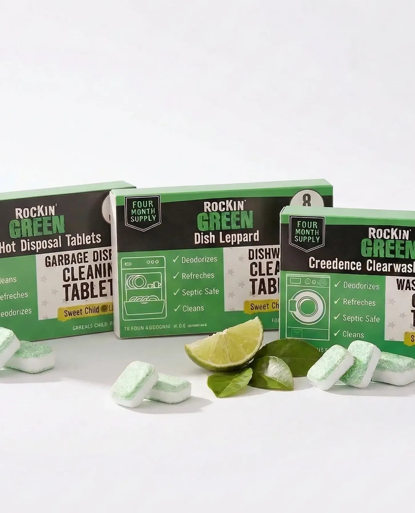 Three boxes of Rockin Green Rage Against the Appliances - Spring Bundle with green tablets and lime slices.