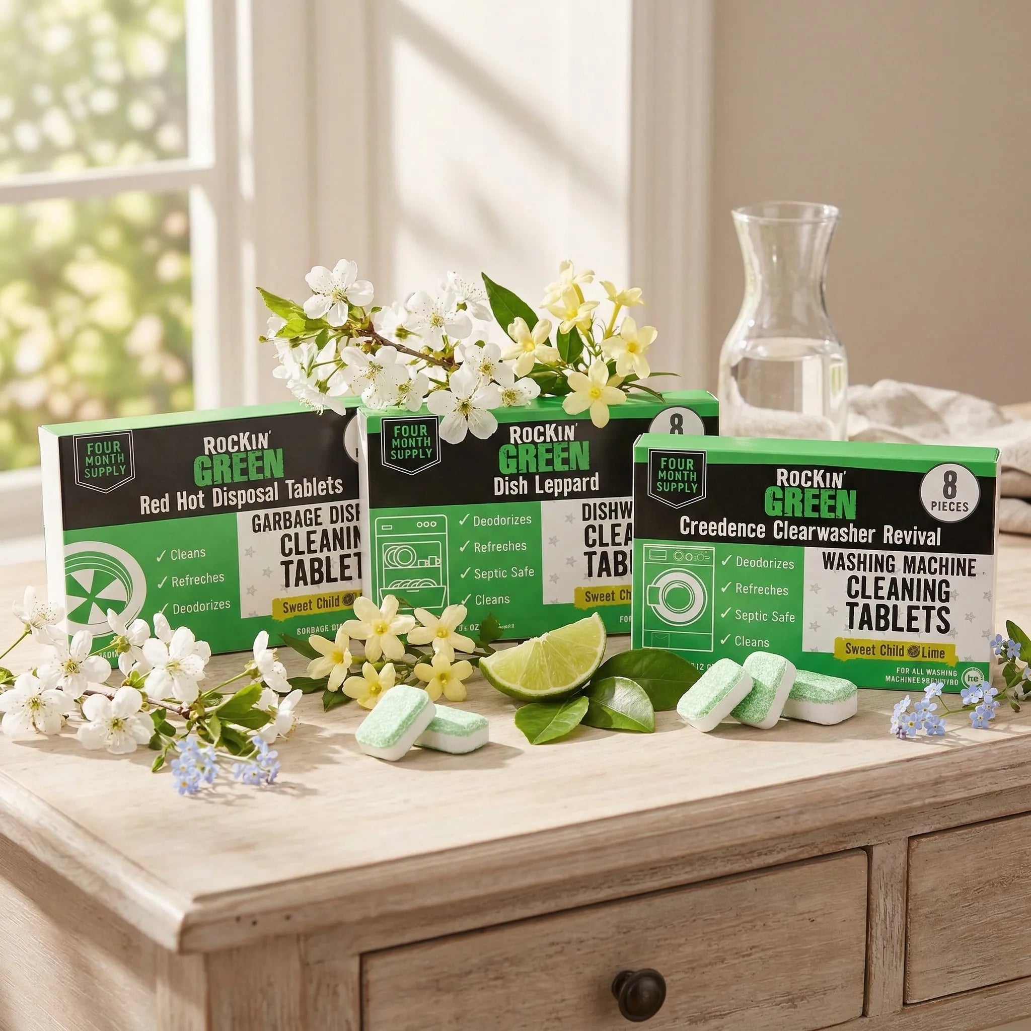 Three boxes of Rockin Green's Rage Against the Appliances Spring Bundle on a wooden table.