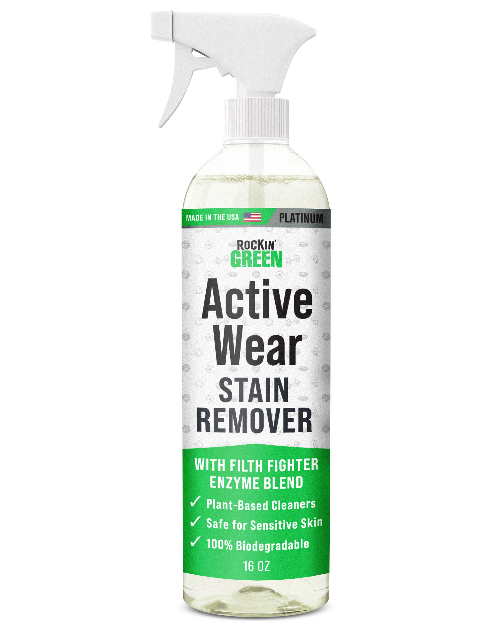 16 oz Activewear Stain Remover by Rockin Green with plant-based ingredients.