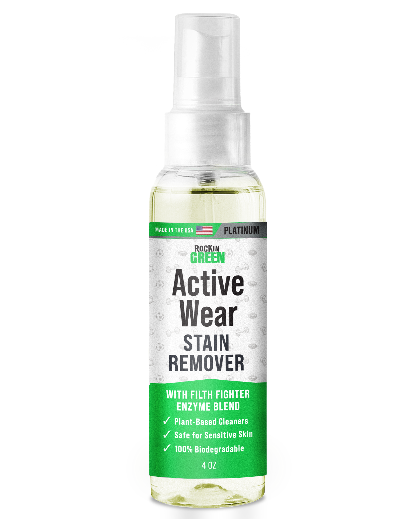 Rockin Green Activewear Stain Remover - 4 Oz; enzyme blend, plant-based for sensitive skin.