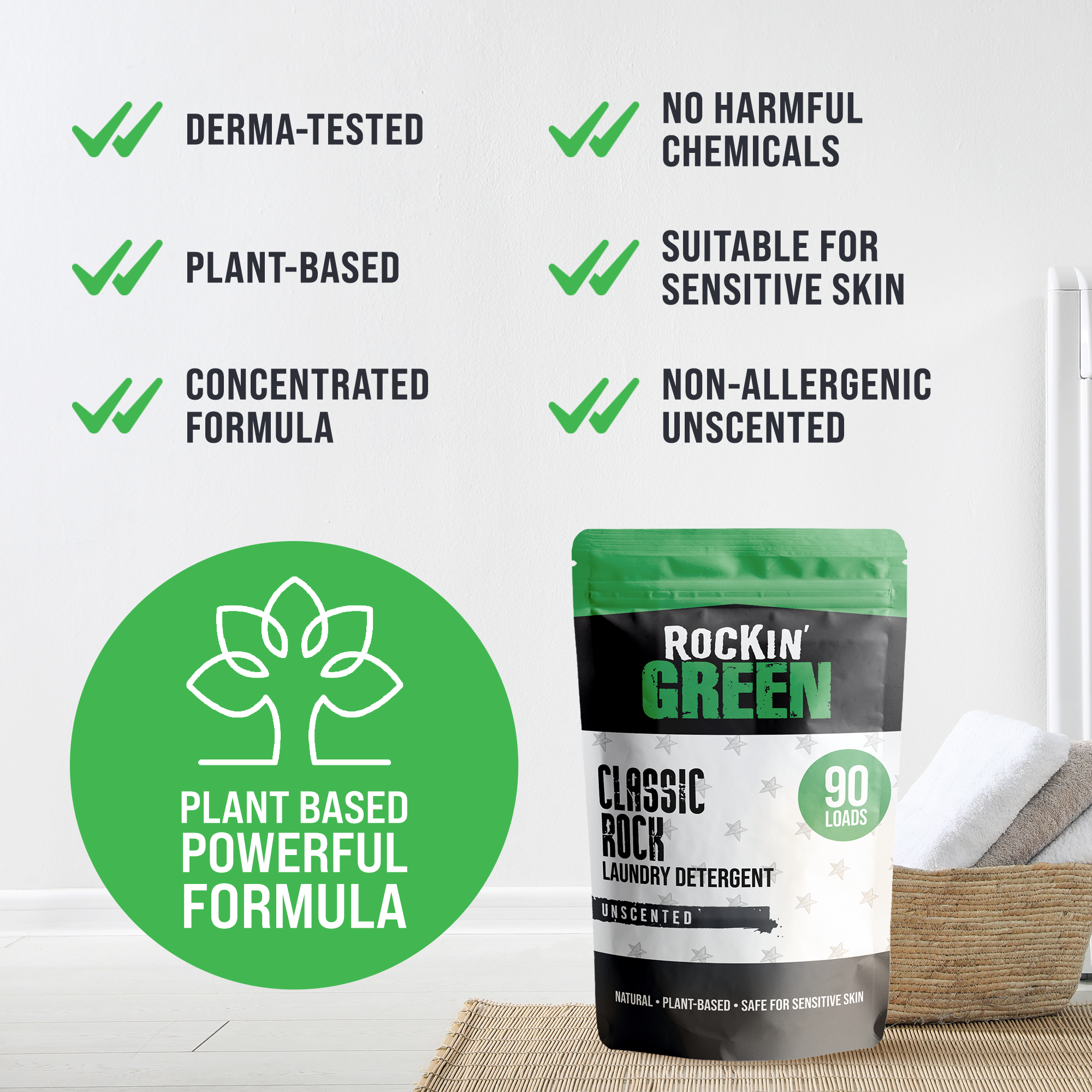 Rockin Green Classic Rock Unscented: 90-load, plant-powered, eco-friendly laundry detergent for sensitive skin.