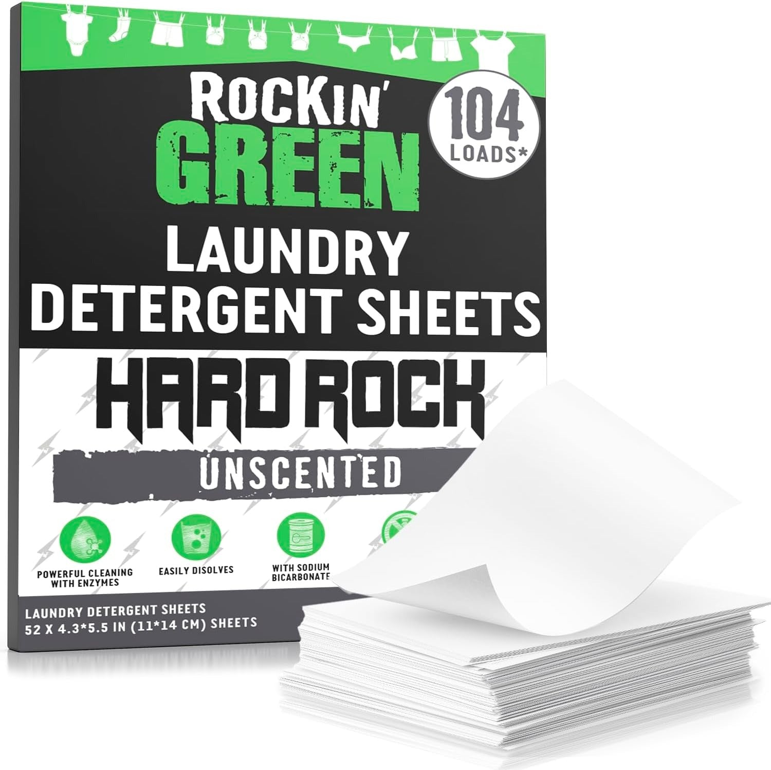 Laundry Detergent Hard Rock Travel Sheets for Hard Water, Unscented, 104 loads, shown in box.