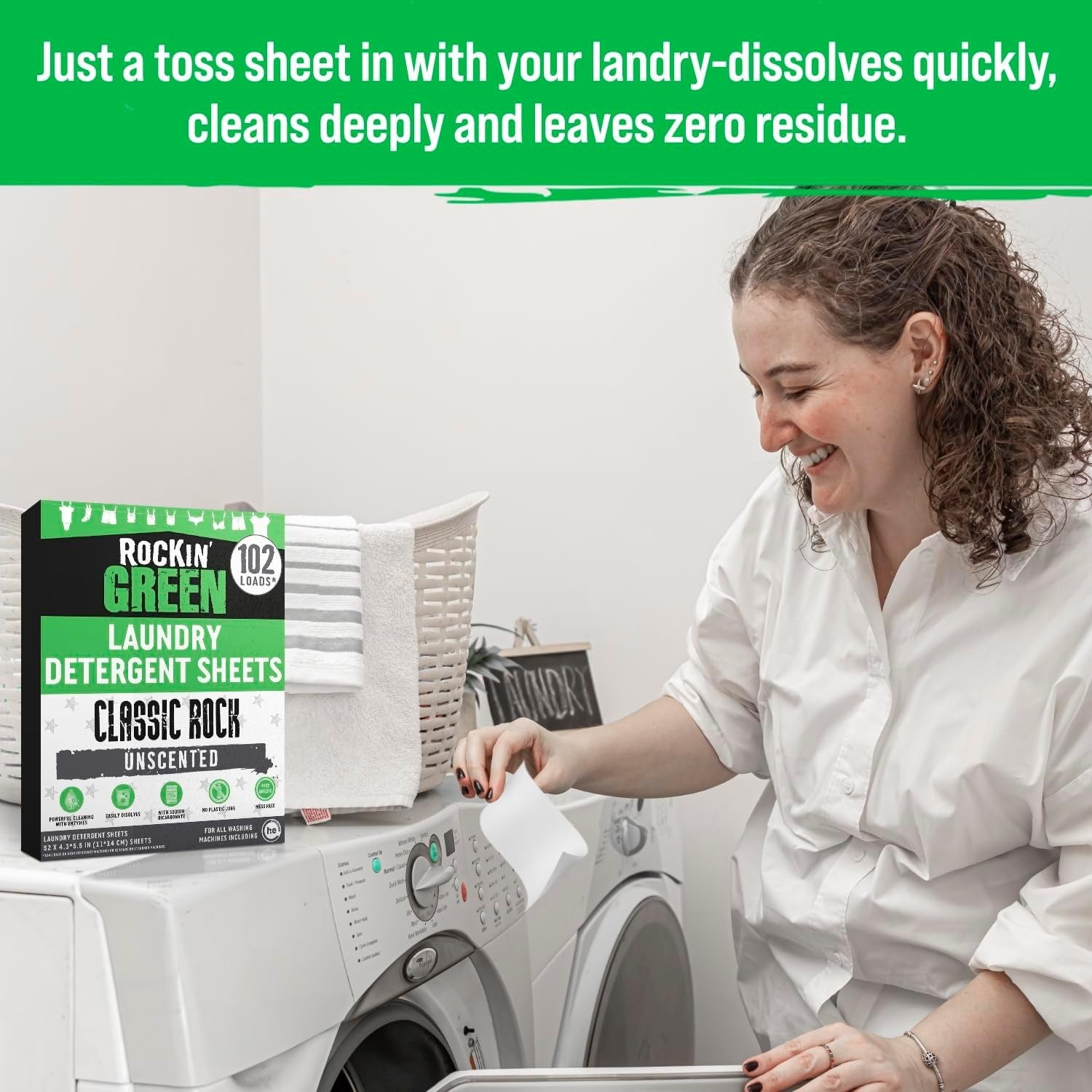 Woman using Bruce Spring-Clean Starter Kit - Spring Bundle laundry sheet by Laundry Detergent in washer.