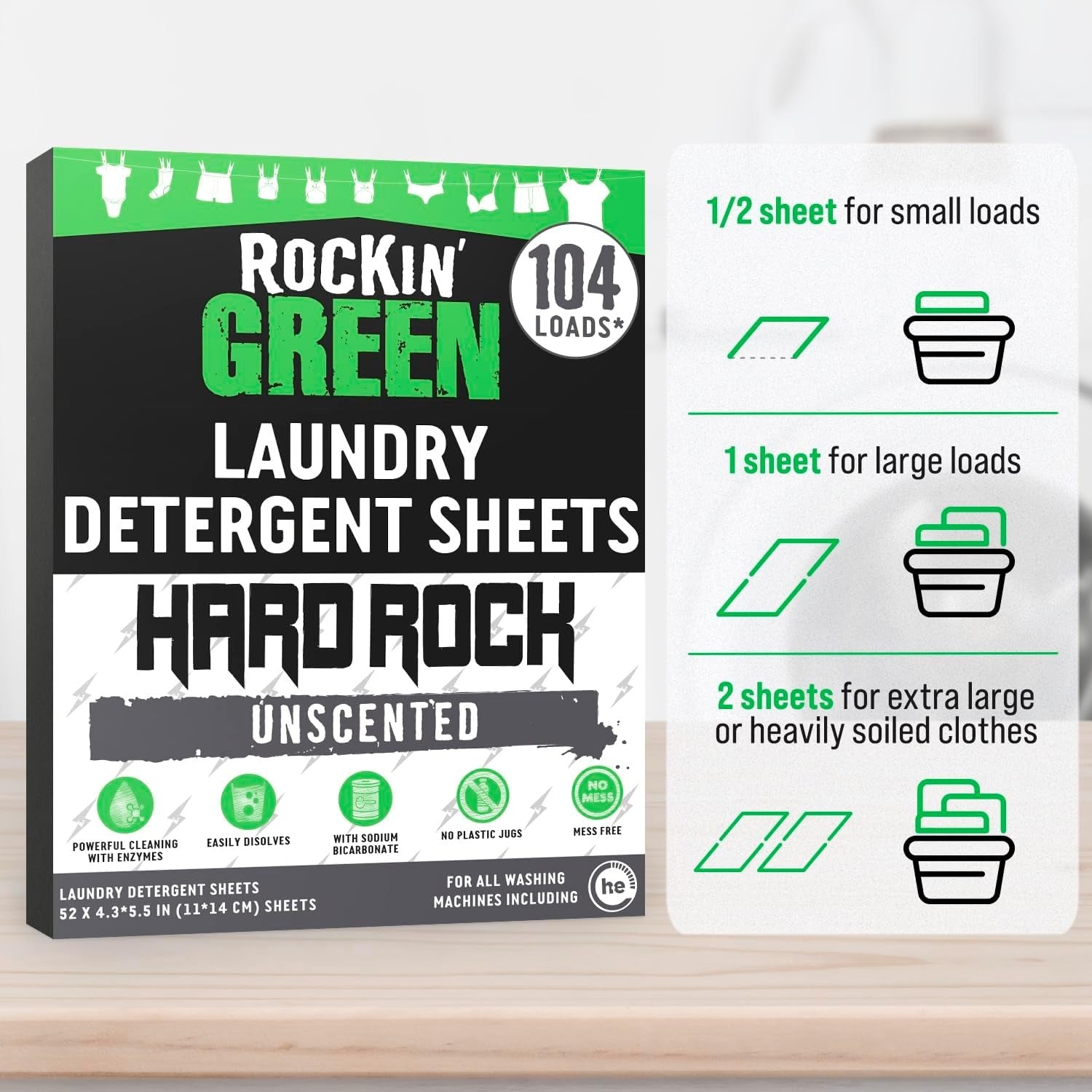 Hard Rock Laundry Detergent Sheets for Hard Water, unscented, 104 loads, easy to use.