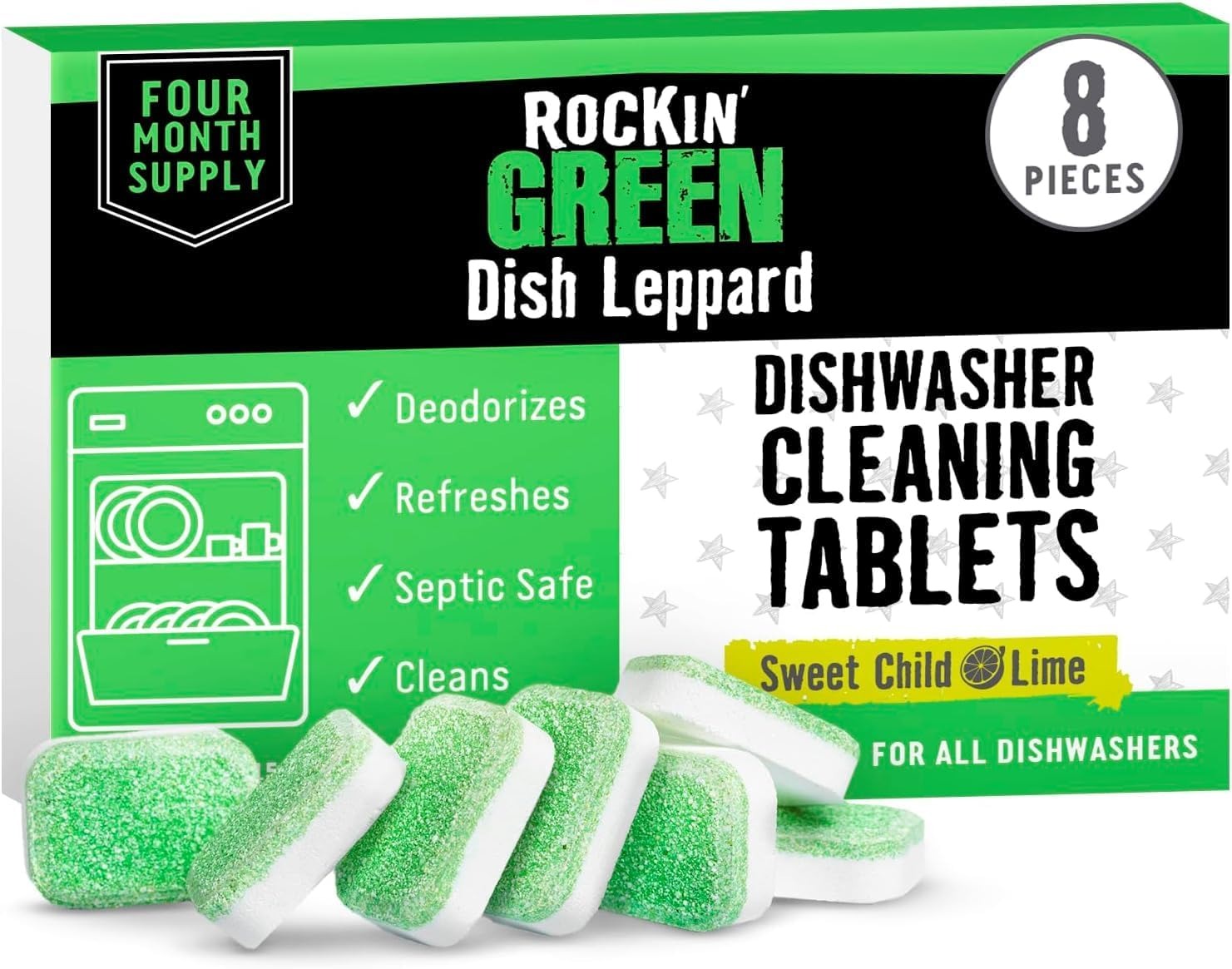 Rockin Green Rage Against the Appliances - Spring Bundle with eight green and white cleaning tablets.
