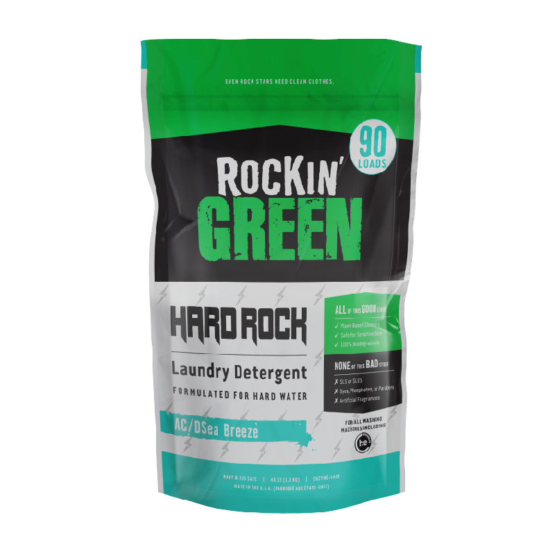 Green & black Rockin Greens AC/DSea Breeze detergent, plant-based & biodegradable for 90 tough water loads.