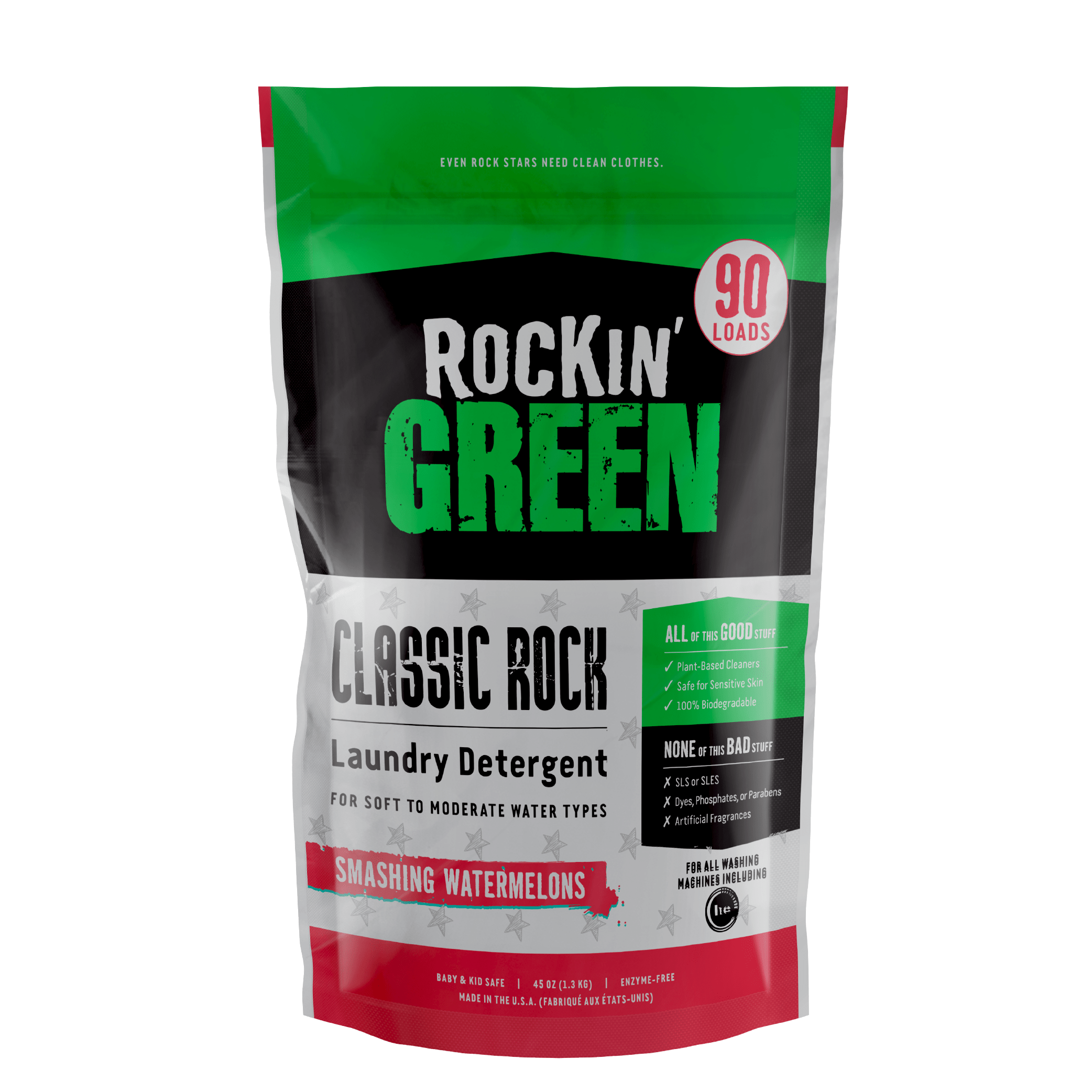 Green and black Rockin Green package of Classic Rock Laundry Detergent - Smashing Watermelons with text.