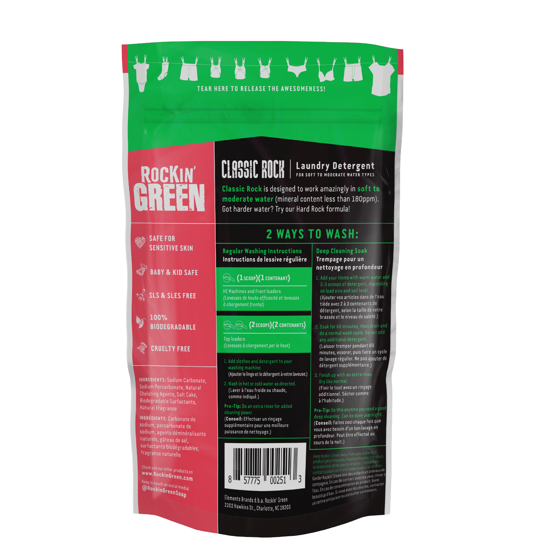 Back view of Rockin Greens Classic Rock Laundry Detergent in Smashing Watermelons, with usage instructions.