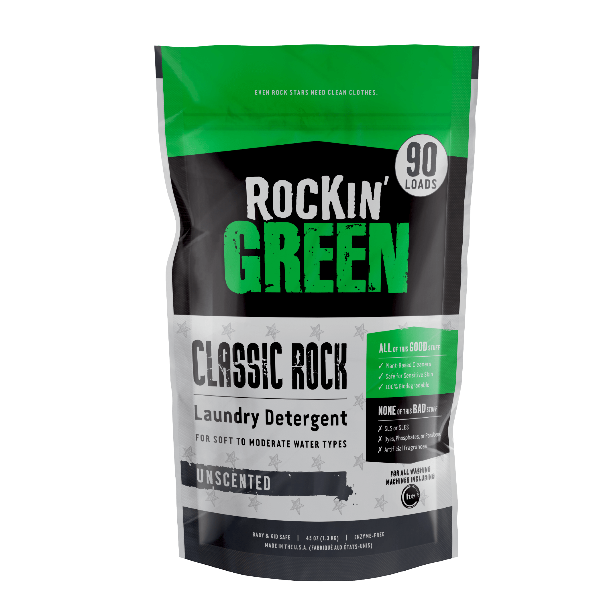 Rockin Green Classic Rock Laundry Detergent - Unscented, 90-load bag, hypoallergenic.