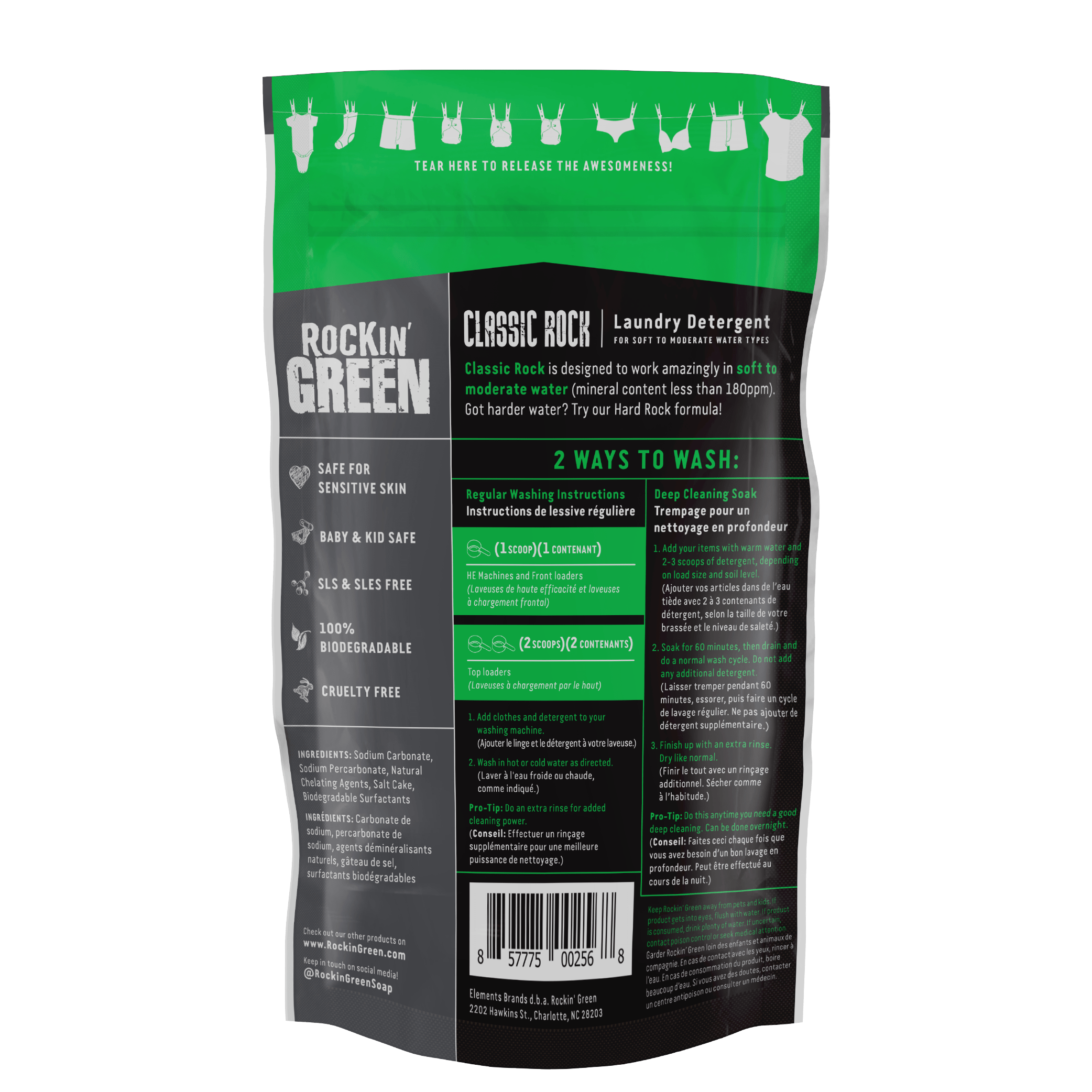 Back of Rockin Green Classic Rock Laundry Detergent package with plant-based ingredients and usage instructions.